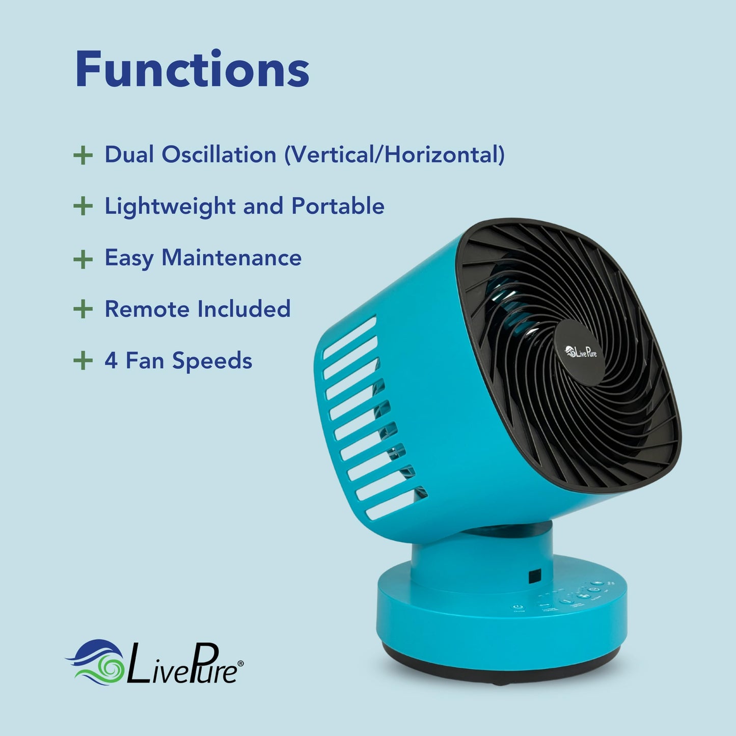 LivePure Rechargeable 4 Speed Orbital Dual Oscillating Fan w/Remote, Navy