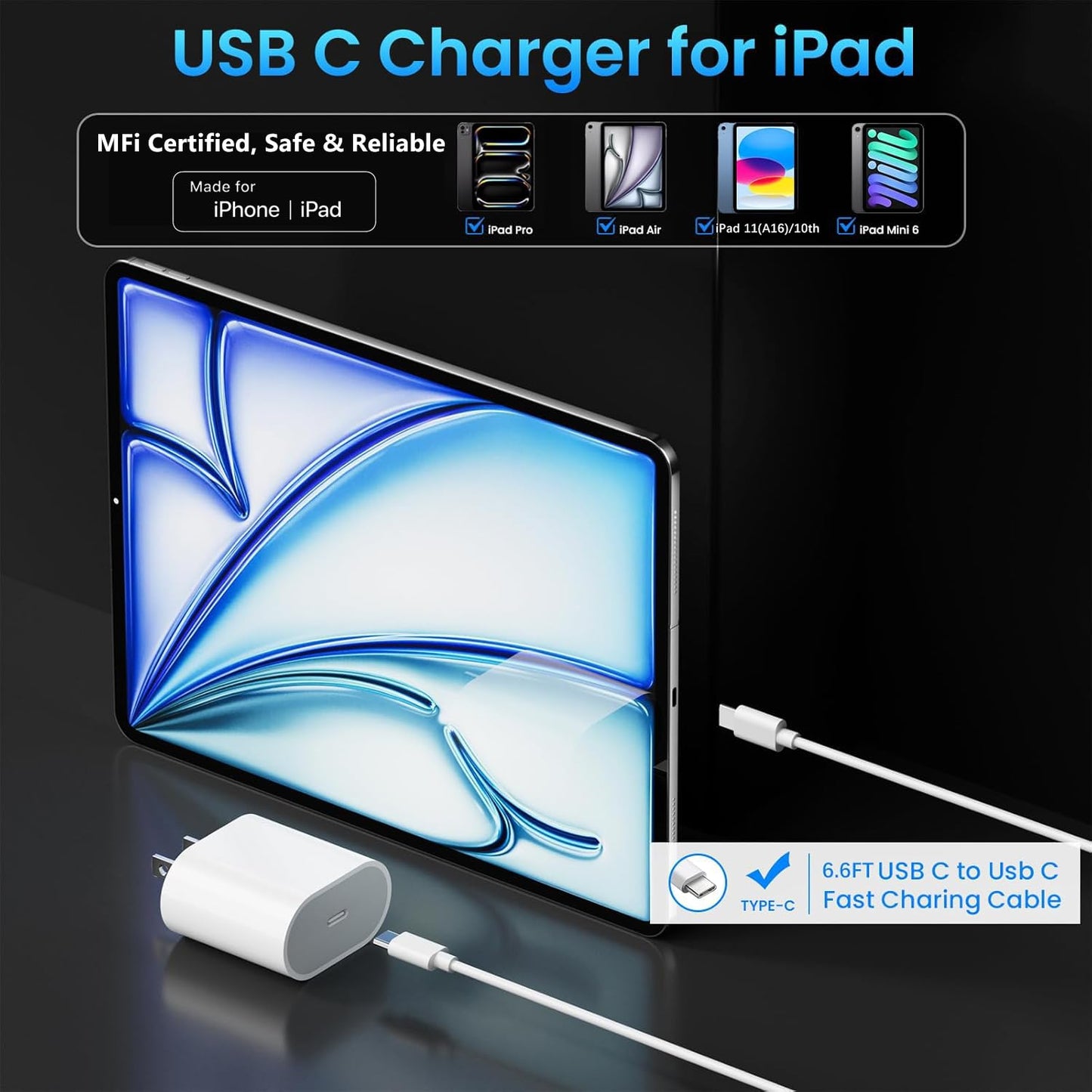 20W USB C Fast Charger for Apple iPad Pro 13/12.9/11 inch, iPad A16/10th Generation, iPad Air 11/13 inch/5th/4th, iPad mini 6/7th, iPad Charger Fast