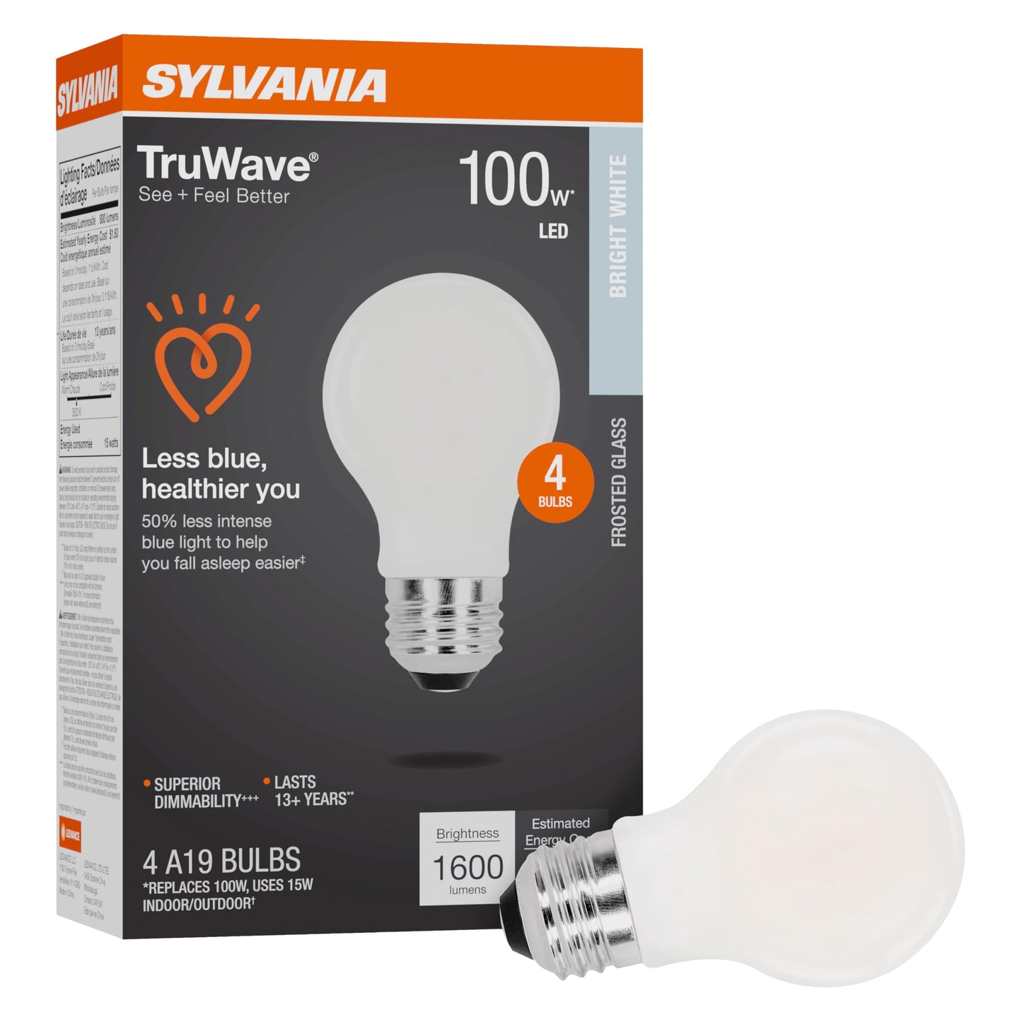 Sylvania LED TruWave Natural Series A19 Light Bulb, 100W Equivalent, Efficient 15W, 1600 Lumens, Medium Base, Dimmable, Frosted, 3500K, Bright White