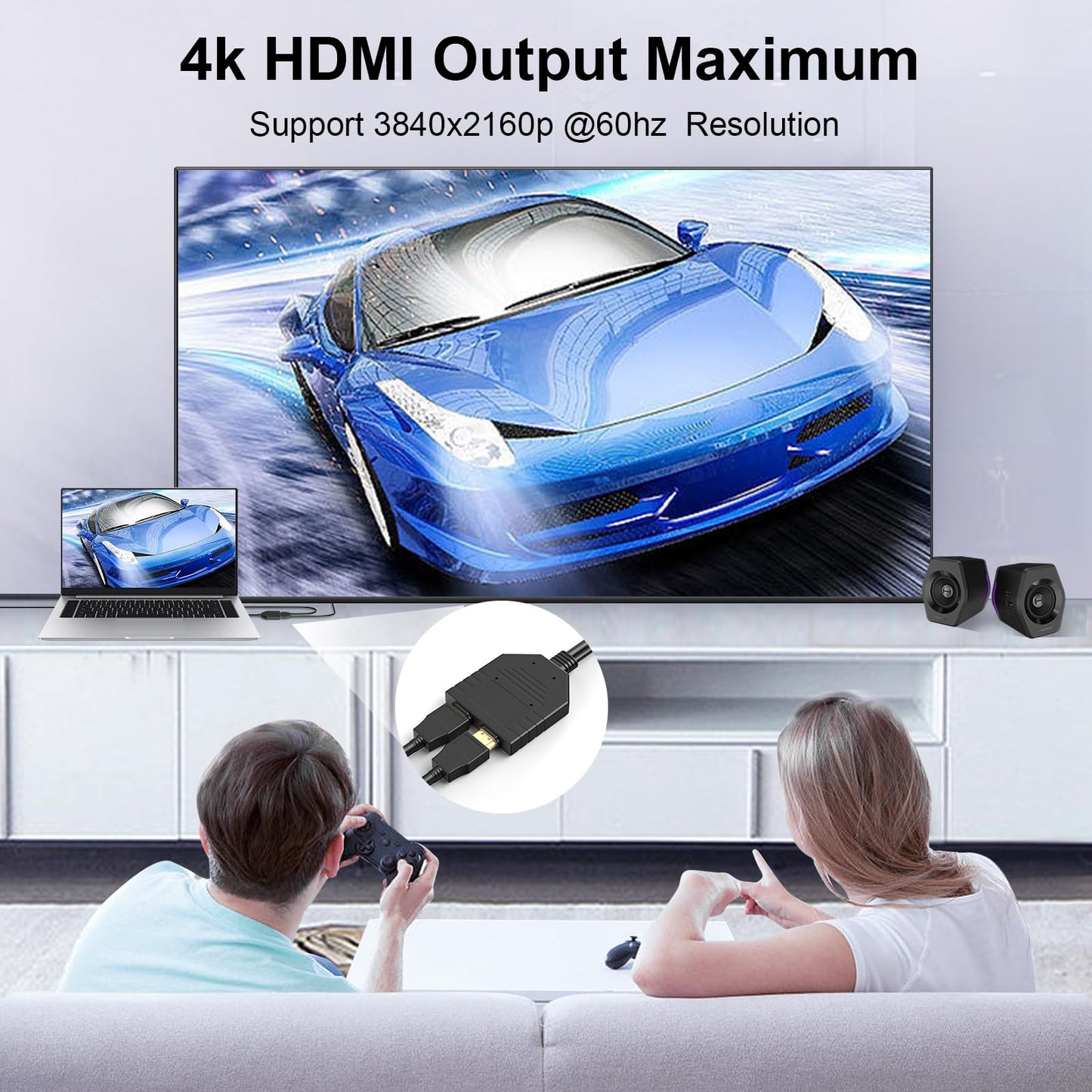 BATU 4k 60hz HDMI Splitter 1 in 2 Out HDMI Cable Male to Dual Female HDMI 2.0 with Power USB Cable for HDMI HD, LED, LCD, TV Dual Monitors