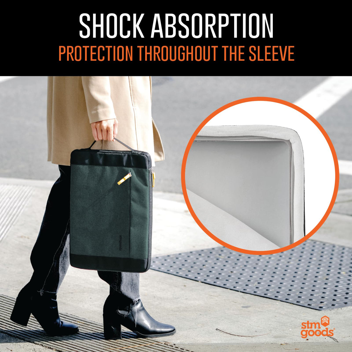 STM Kin Laptop Sleeve - Slim & Lightweight, Fleece-Lined Interior, 4mm EVA Shock Absorption, Zippered Storage Pocket, Retractable Handle, Stylish