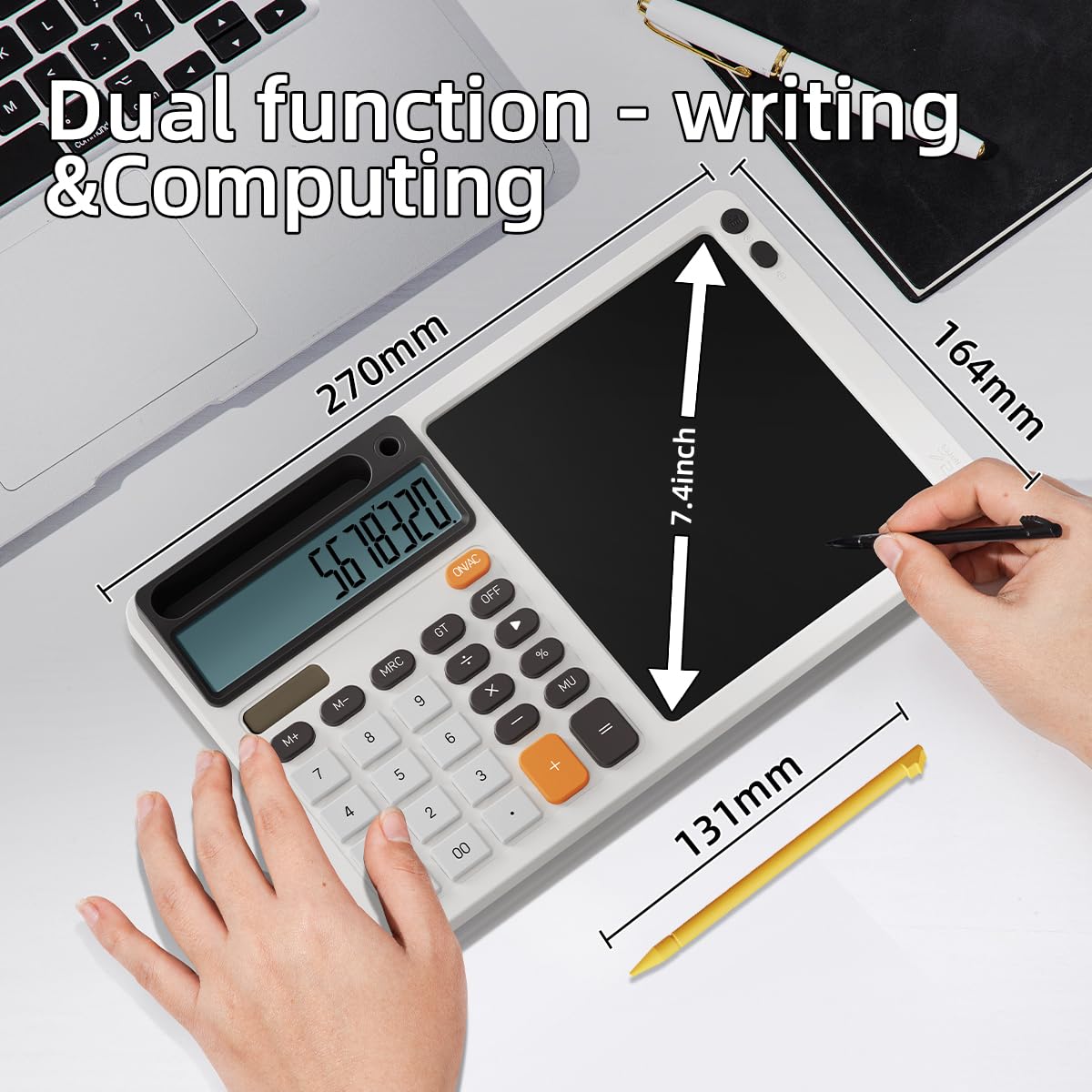 DPEDUAI Solar Desktop Calculator with 7.5 inc LCD Writing Membrane, 15° Tilt for Easy Reading, Integrated Phone Stand, Voice & Silent Modes, Anti-Slip