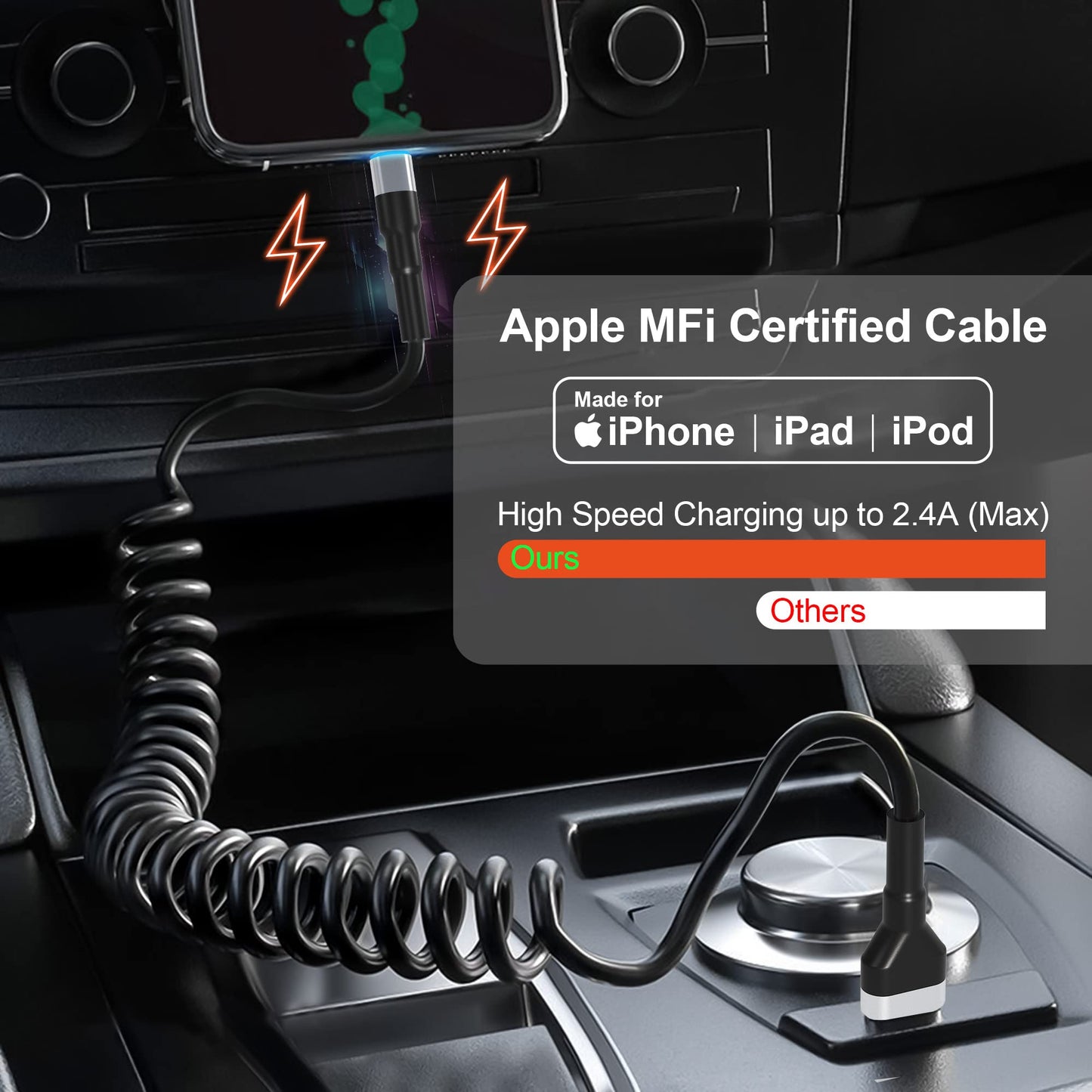 Coiled Lightning Cable Apple Carplay Compatible [Apple MFi Certified] Short USB to Lightning Apple Carplay Cable with Data Sync and LED, Retractable…