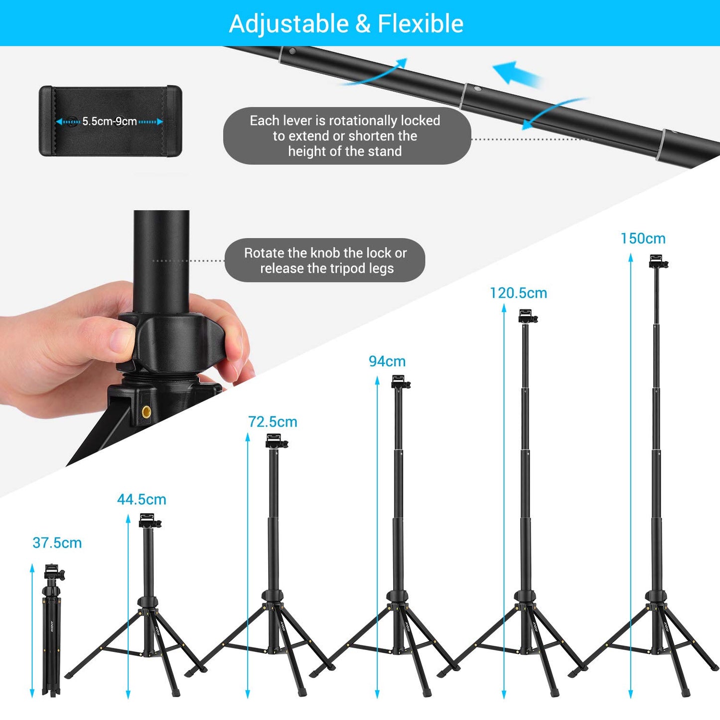 Andoer Selfie Stick Tripod 1.5m/59in Tripod Stand + Extendable Selfie Stick Aluminum Alloy with Phone Holder Remote Shutter Compatible with iPhone