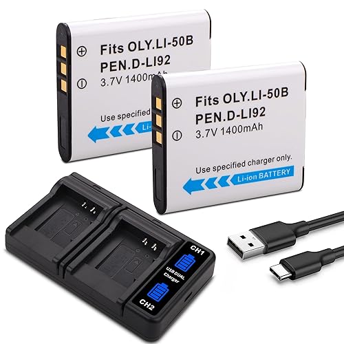 D-LI92 Li-50B 2-Pack 1400MAH Battery with Quick LED Dual USB Charger Compatible for Olympus Stylus 1010 1020 1030SW VR-340 Tough 6000 6020 8000 8010