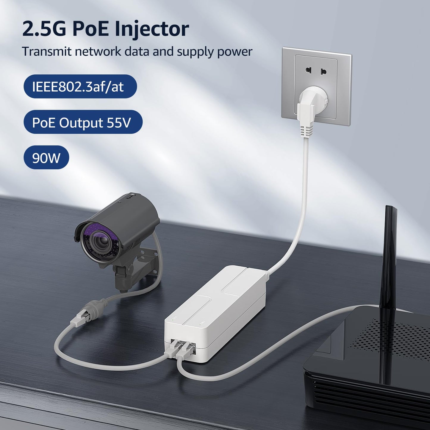YuanLey 2.5G PoE Injector 90W, PoE+ Injector Converts Non-PoE to PoE+, 55V IEEE 802.3at/af/bt, 10/100/1000/2500Mbps Ethernet PoE Adapter Plug & Play