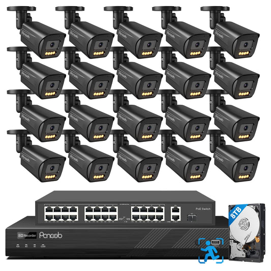 PANOOB 32 Channel Security Camera System 4K, 20x 8MP PoE IP Bullet Cameras, Smart Dual Light Color Night Vision, 2 Way Audio, AI Human Vehicle