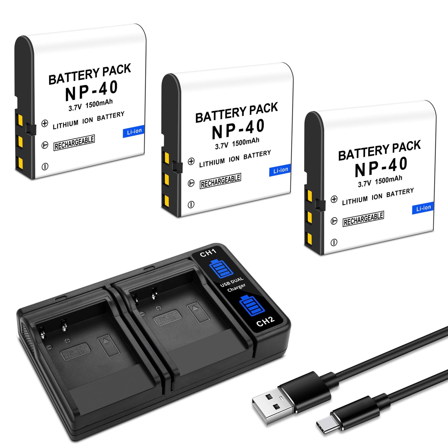 3-Pack NP-40 Battery, USB Dual-Channel Charger Compatible for Casio NP-40 Kodak LB-060,GE GB-60 Exilim EX-Z400, Exilim EX-FC100, Exilim EX-FC100WE