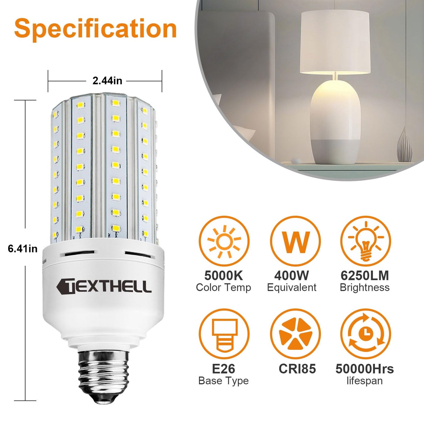 TEXTHELL Led Light Bulb 400W Equivalent 6250 Lumen 5000K E26/E27 Medium Base 50W led Bulb for Outdoor Indoor Lamp Area Garage Warehouse Workshop