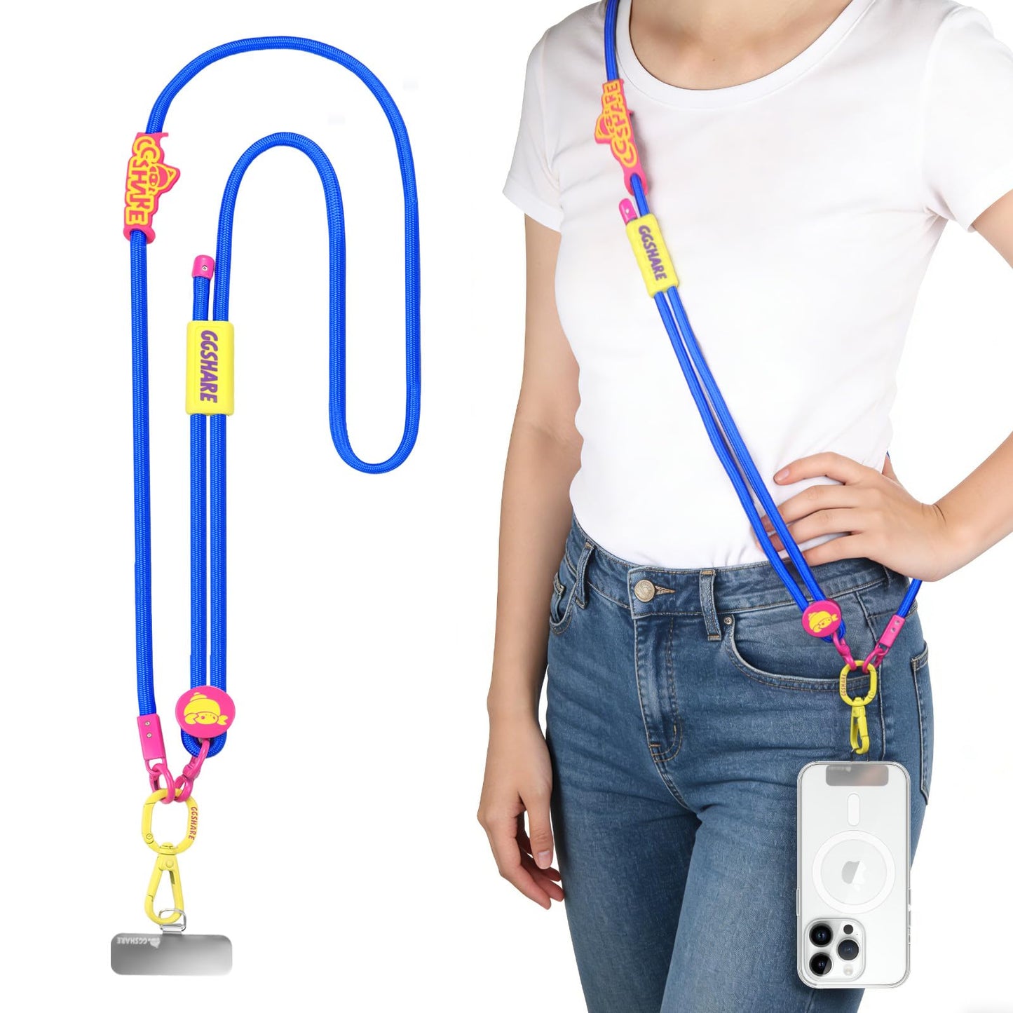 SHQYMBLT Adjustable Length Crossbody Phone Strap with Carabiner Clip, Hands-Free Lanyard, Multi-Color Braided Nylon Cord (Blue)