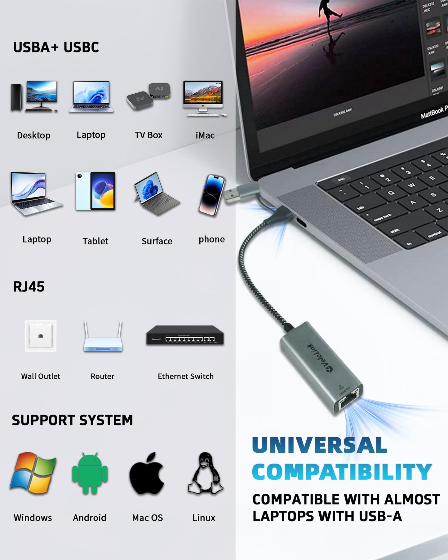 Ethernet to USB Adapter, 1Gbps USB to RJ45 Gigabit LAN, USB 3.0 Ethernet Adapter Compatibility 10/100/1000Mbps. Compatible with Laptops, PC, Mac OS