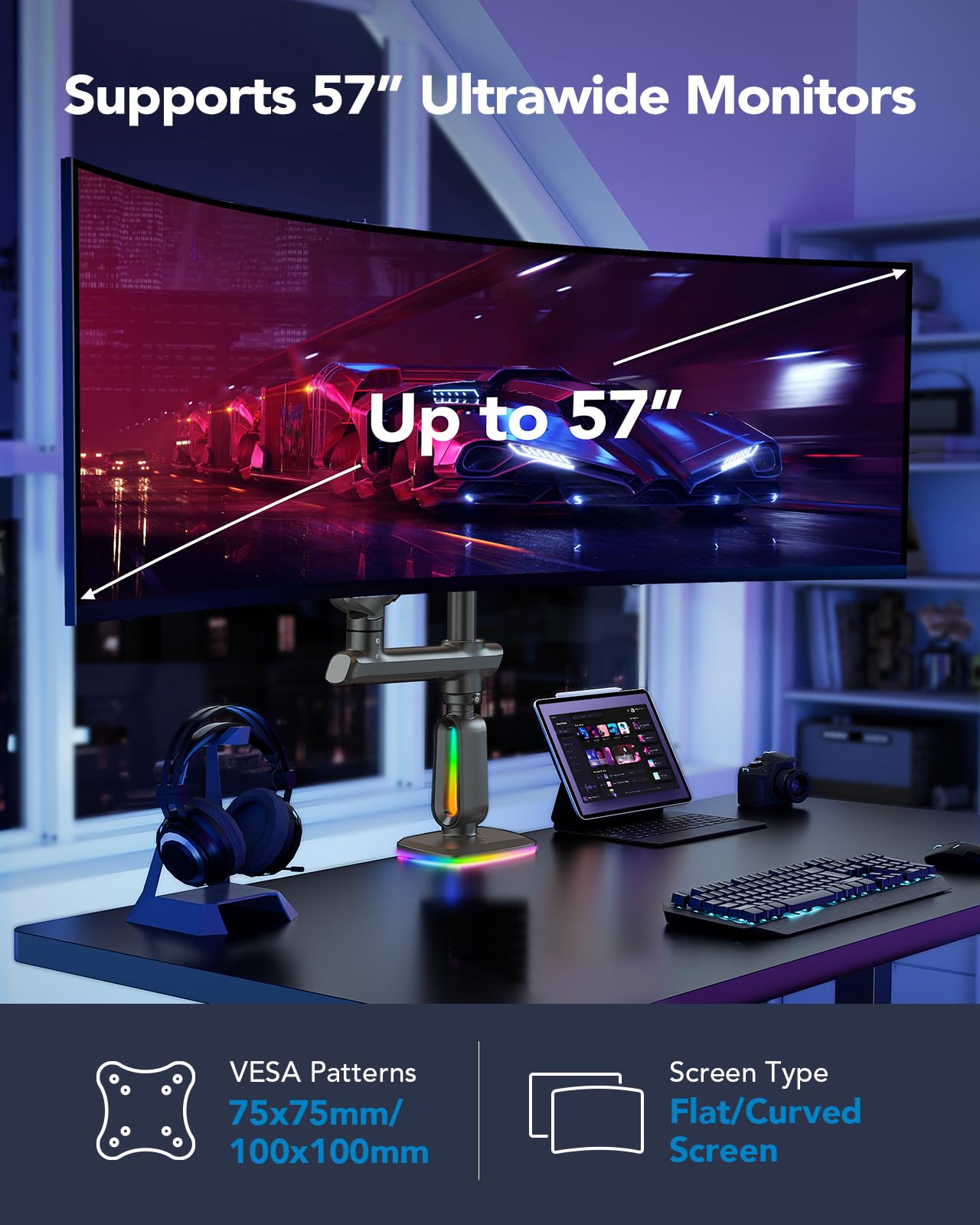 HUANUO RGB Heavy Duty Monitor Arm for Ultrawide Screens up to 57", Holds 44 lbs, Tall Ultrawide Monitor Stand with 29.1" Max Height, Fully Adjustable