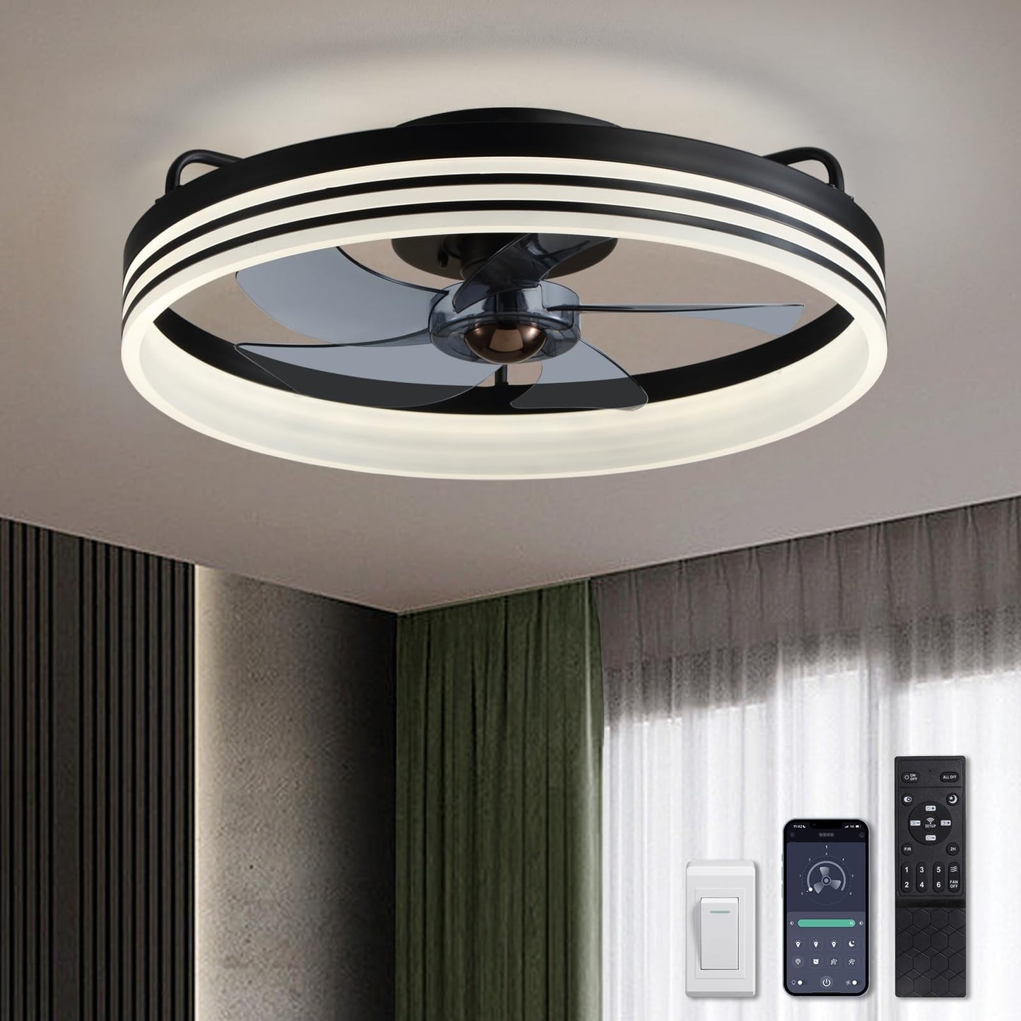 LUDOMIDE Ceiling Fan with Light, Flush Mounted Ceiling Fan with Lights, 6 Wind Speeds Smart Low Profile Fan for Bedroom, Kids Room and Living Room 20"