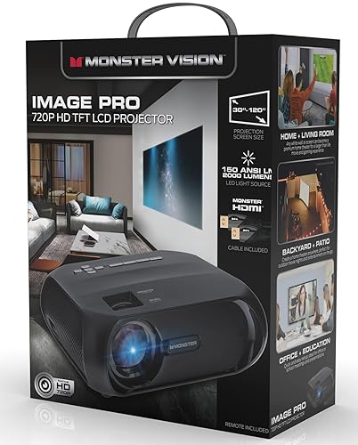 Monster Image Pro Extra-Bright LCD Projector, 2000 Lumens, Projects Up To 16ft, Max Resolution: 1080 HD, Universal Image/Audio/Video Support