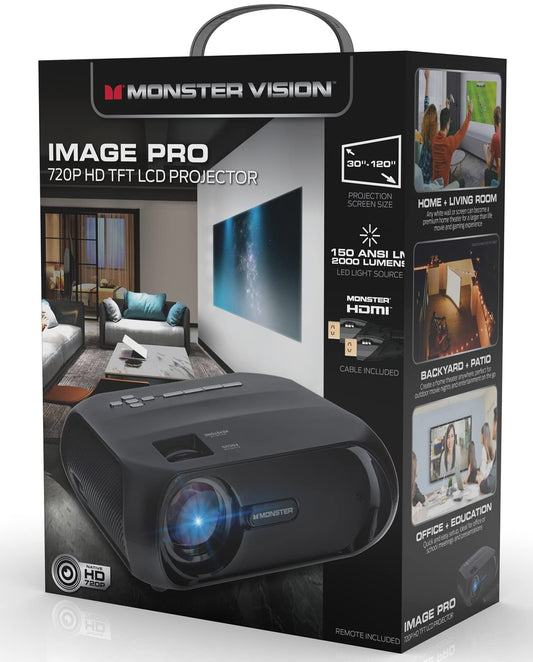 Monster Image Pro Extra-Bright LCD Projector, 2000 Lumens, Projects Up To 16ft, Max Resolution: 1080 HD, Universal Image/Audio/Video Support