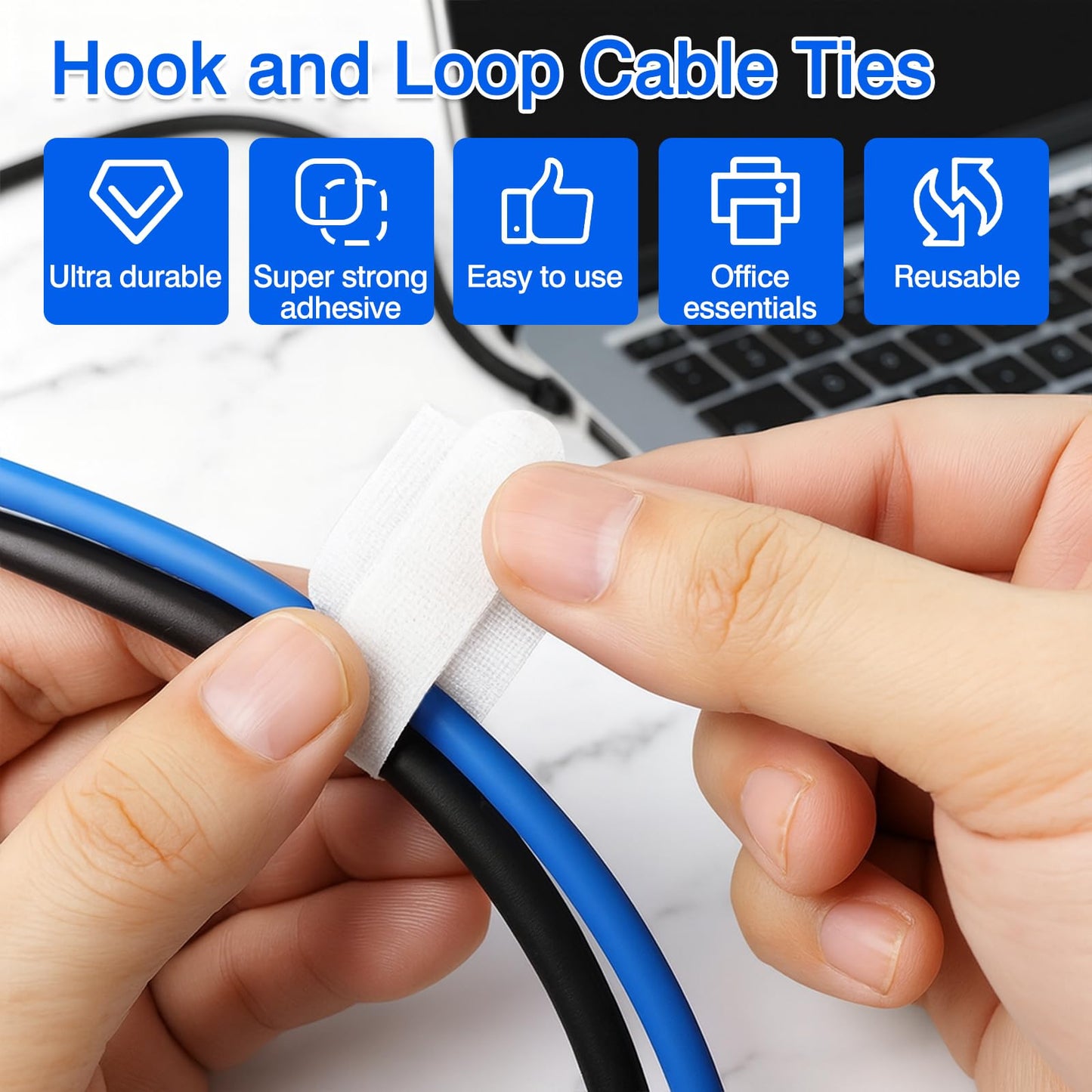 40-Pack Self-Adhesive Hook and Loop Cable Ties - Adjustable Sticky-Back Cord Organizer Straps for Home, Office & Workshop