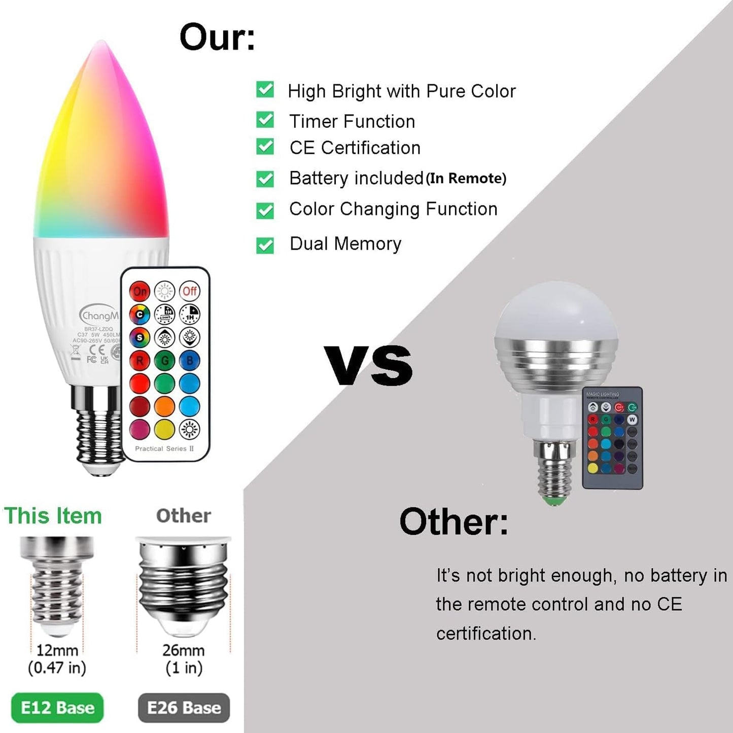 E12 LED Candelabra Light Bulbs 5W, Set of 6 Color Changing Candle Bulbs,Small Base B11 40W Incandescent Equivalent, 560 Lumen, AC120V,RGB + 2700K Warm