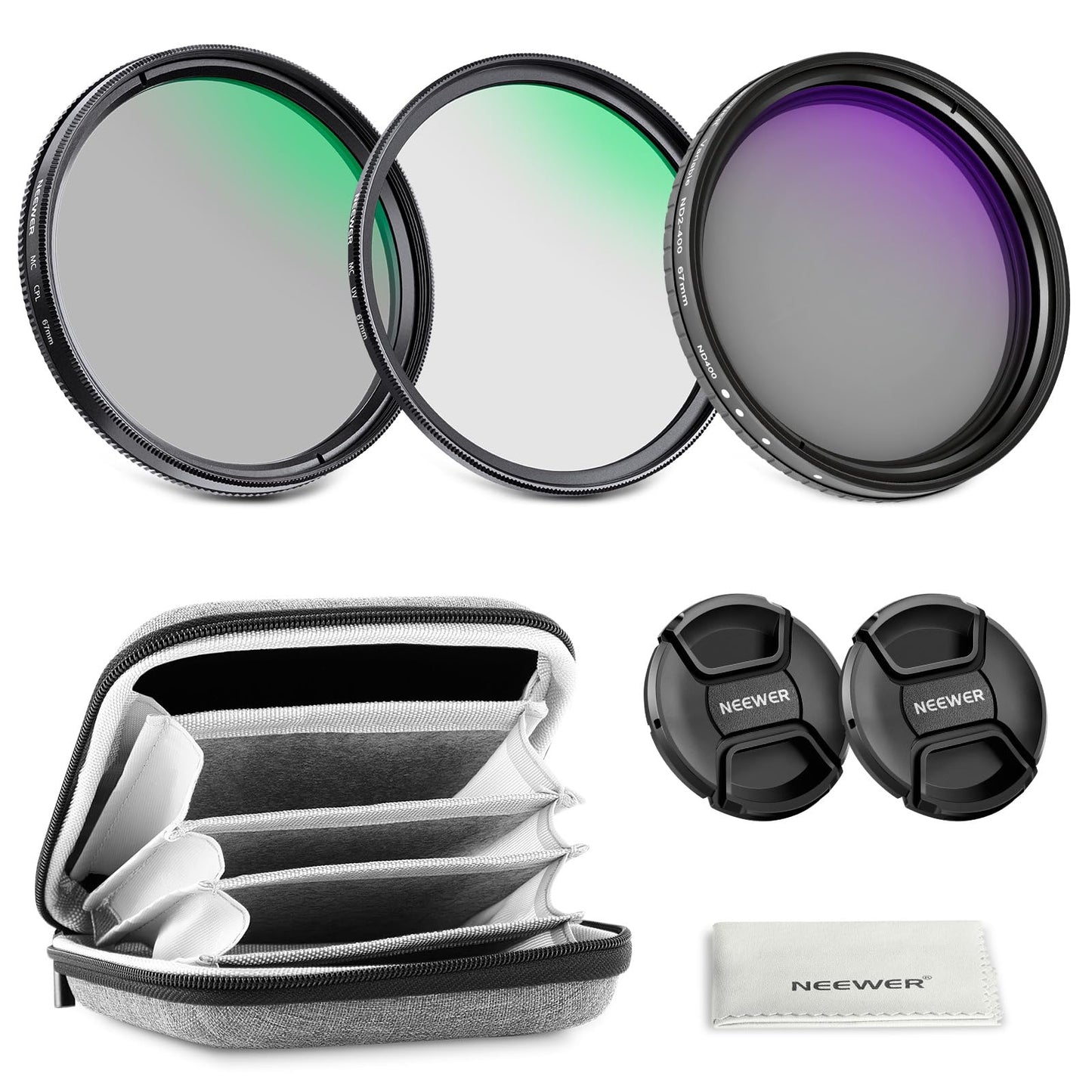 NEEWER 67mm Variable ND + CPL + UV Filter Kit (3 Pack), Multicoated Neutral Density (ND2-400) Circular Polarizer Camera Lens Polarizing Filter