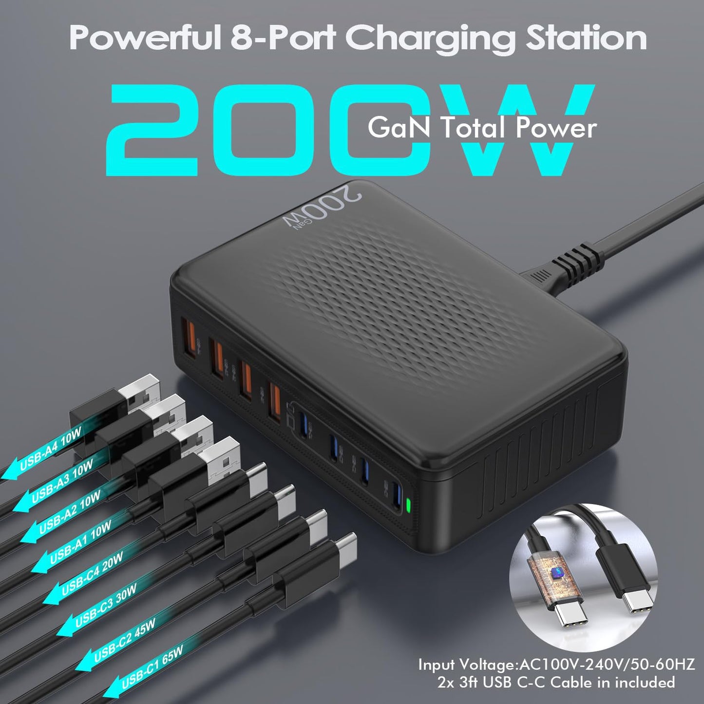 200W USB C Charger Block,8-Port USB C Charging Station with 2 Pack Type-C Cable GaN 65W Laptop Fast Charger Adapter Type-C&USB-A Wall Cube Brick