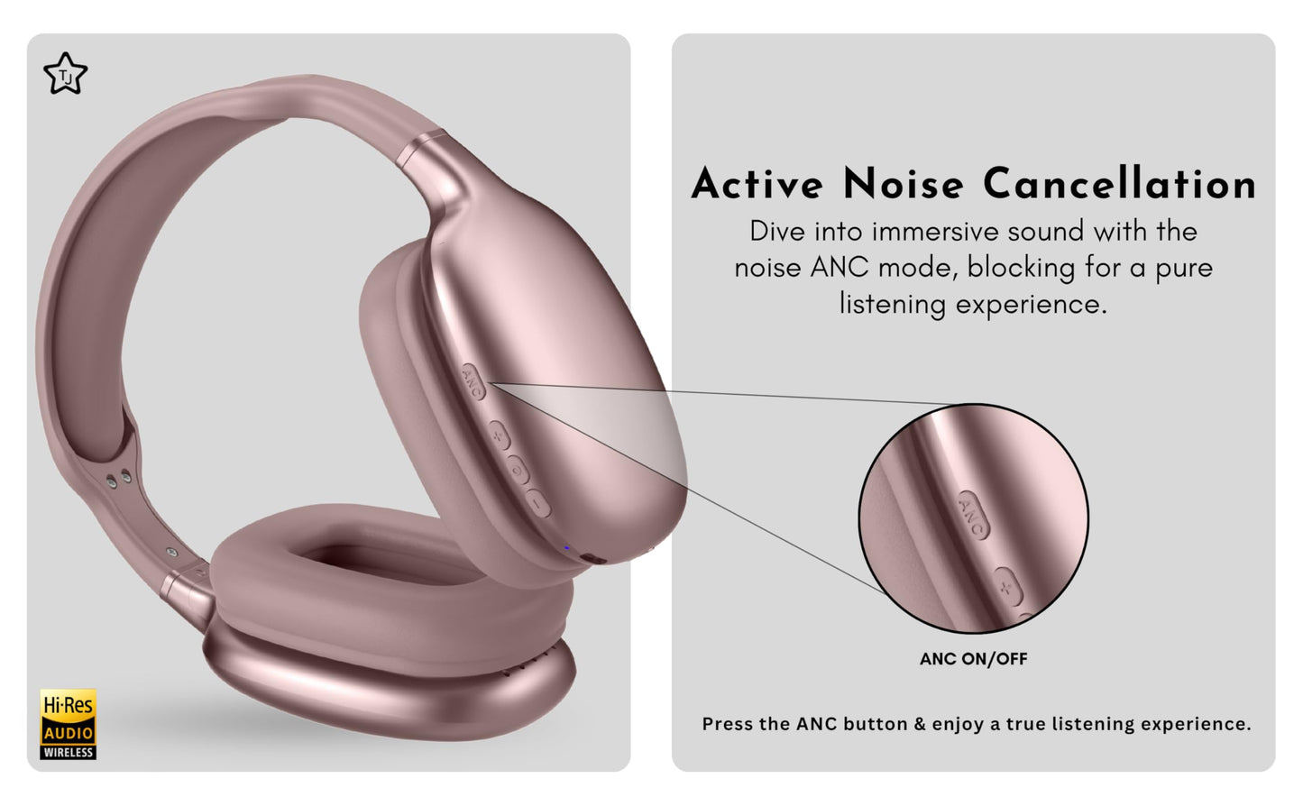 TJ Home Essentials Active Noise Cancellation Bluetooth Over Ear Headphones Leather Wireless Headset Wired Built-in MIC 24H Playtime High Res Audio