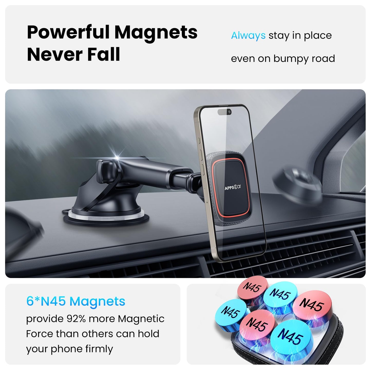 APPS2Car Magnetic Phone Mount for Car, Dashboard & Windshield Suction Cup Holder with Telescopic Arm, Requires Metal Plate for Proper Use, Fit