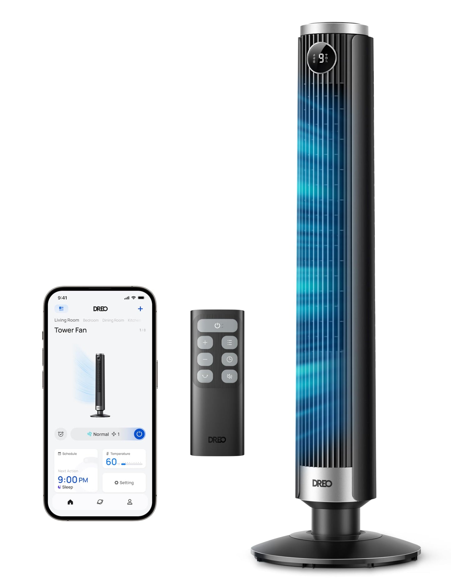 DREO Smart Tower Fan for Bedroom, 40”-45” Adjustable Height, 9 Speeds