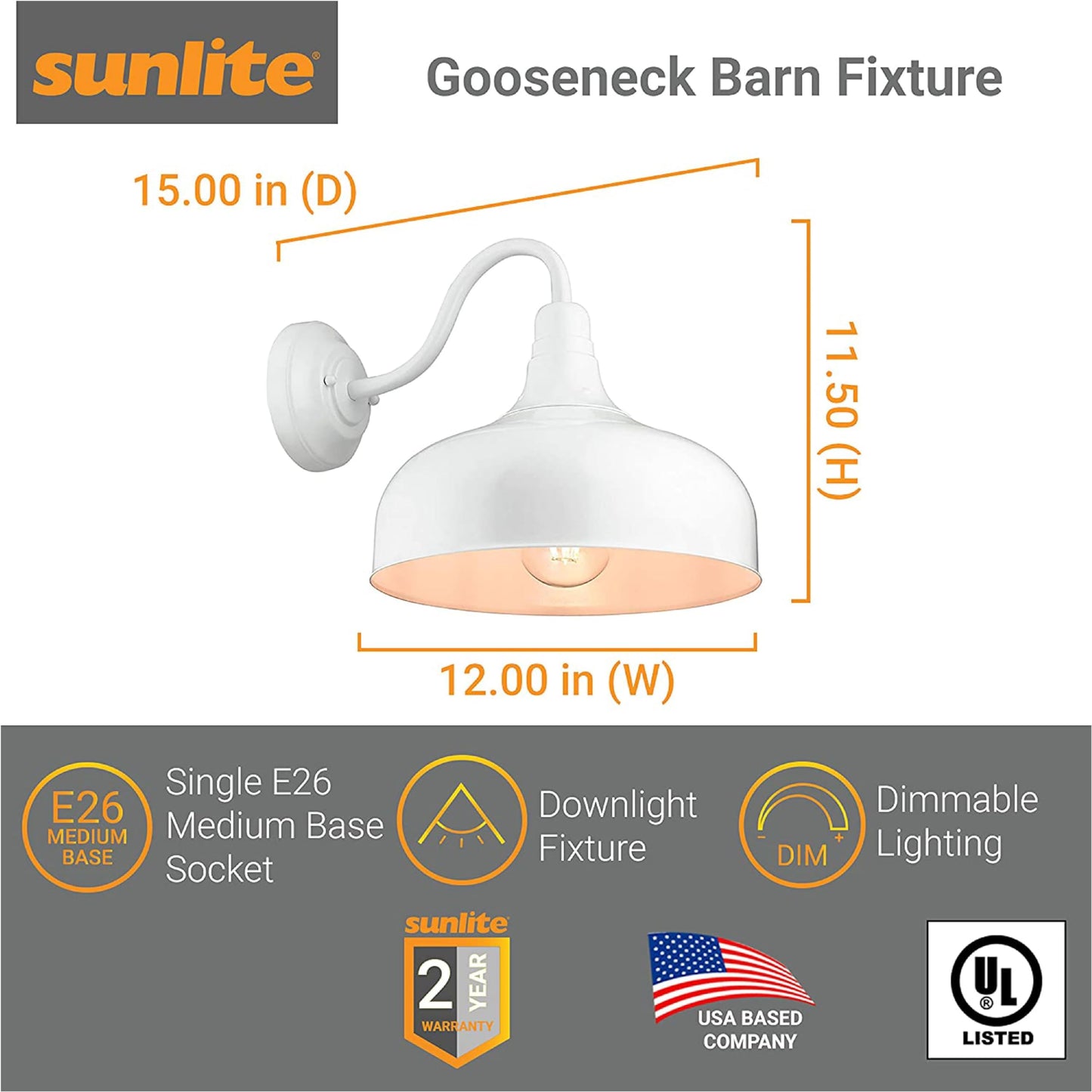 Sunlite 46068-SU Gooseneck Rustic Barn Light Fixture, Wall Mount, Medium Base (E26) Socket, Standard A19 Bulb Required (60W Max), 12 Inch, Indoor