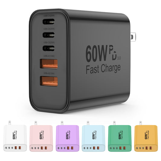 USB C Charger Block, 60W 5 in 1 Charging Blocks, PD 3.0 Fast Charger, QC 2A Black Wall Plug Multiport Type C Charging Block for iPhone 17 16 15 14 13