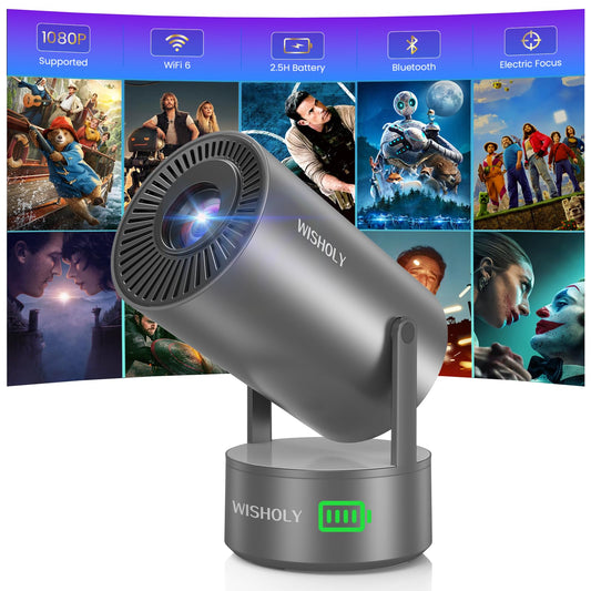 WISHOLY Projector with WiFi and Bluetooth, Mini Portable Projector with Built-in Rechargeable Battery for Outdoor, 1080P Supported, Electric Focus
