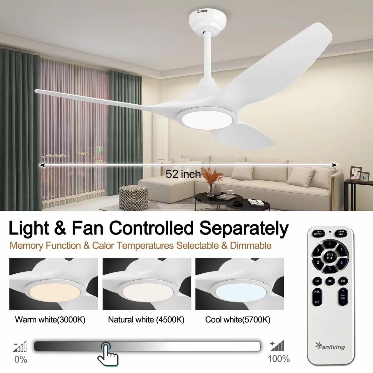 52 Inch 3 Blade Modern White Ceiling Fan with Light Remote Control