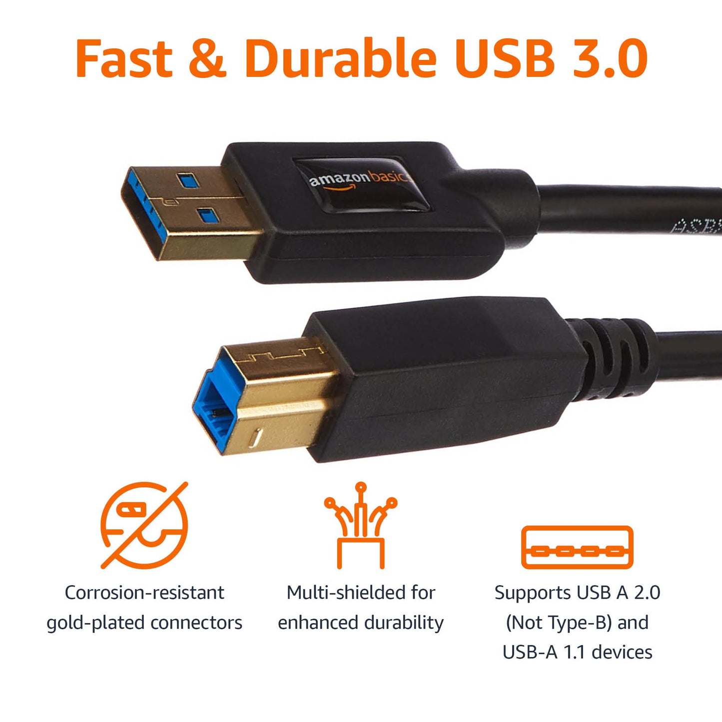 Amazon Basics USB-A to USB-B 3.0 Cable, 4.8Gbps High-Speed with Gold-Plated Plugs, 6 Foot, Black