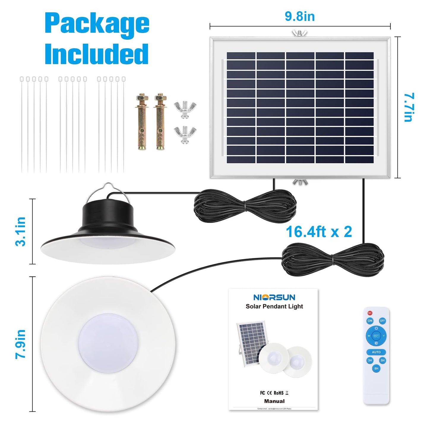 NIORSUN Solar Indoor Lights Outdoor, LED Solar Pendant Lights 3 Color Dimmable Lighting with Remote Control, Gazebo Lights,2x16.4ft Cable IP65