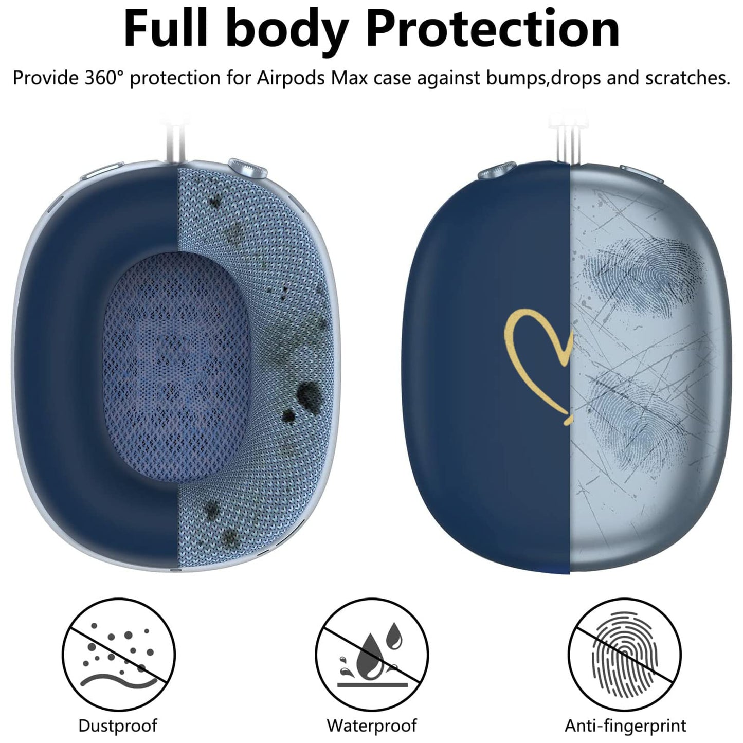 AIIEKZ Case Cover for AirPods Max, Anti-Scratch Soft Silicone with Gold Heart Pattern Ear Cups Case Cover/Ear Pad Cover/Headband Cover for Apple