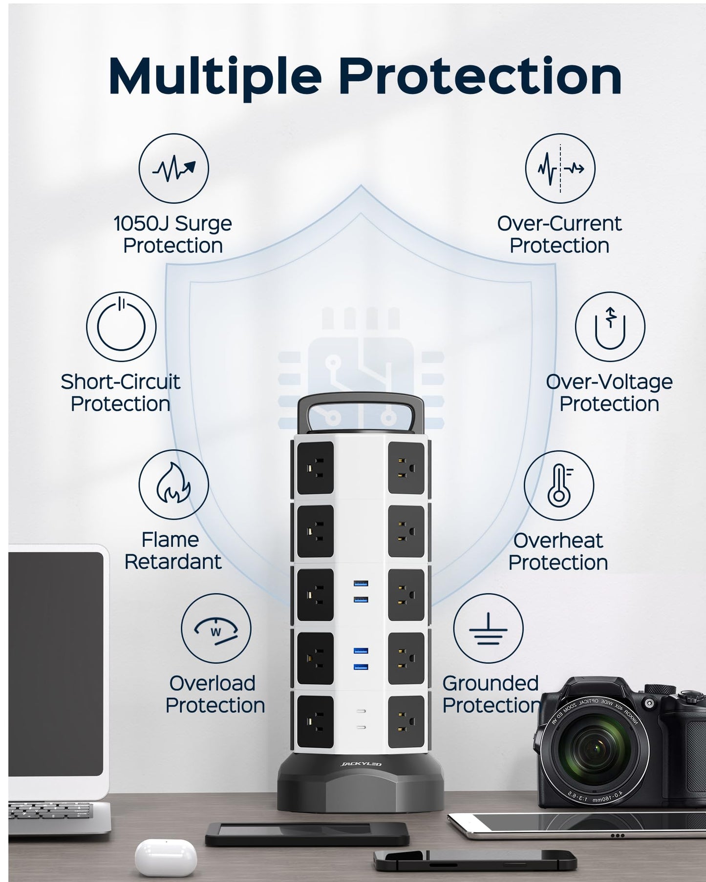 Power Strip Tower Surge Protector, 20 Outlets 6 USB (2 USB C) Charging Station, Extension Cord with Multiple Outlets, 1050J 1625W/13A Outlet Extender