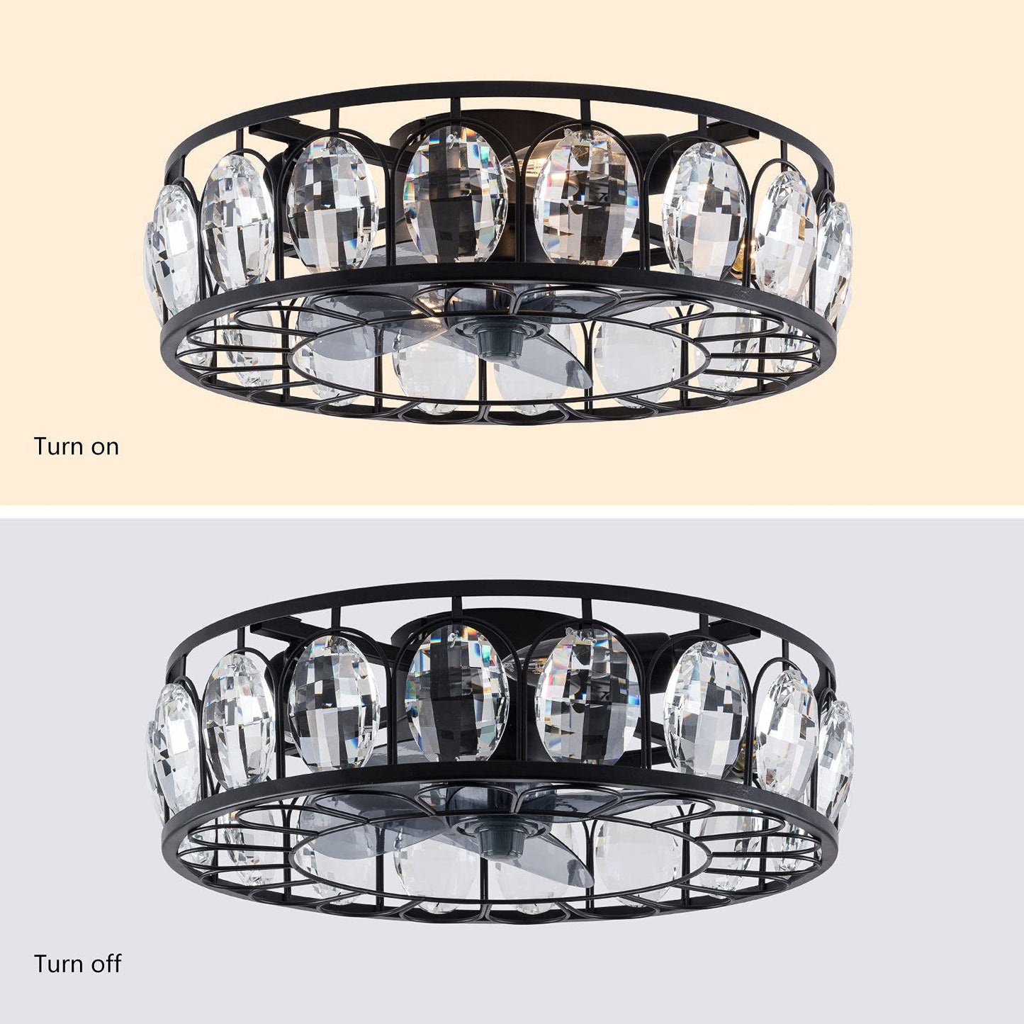 kangten 18 Inch Crystal Ceiling Fan with Lights Black Iron Modern Caged 4 E27 Adjustable 3 Wind Speed W/Remote Control Low Profile Chandelier Ceiling
