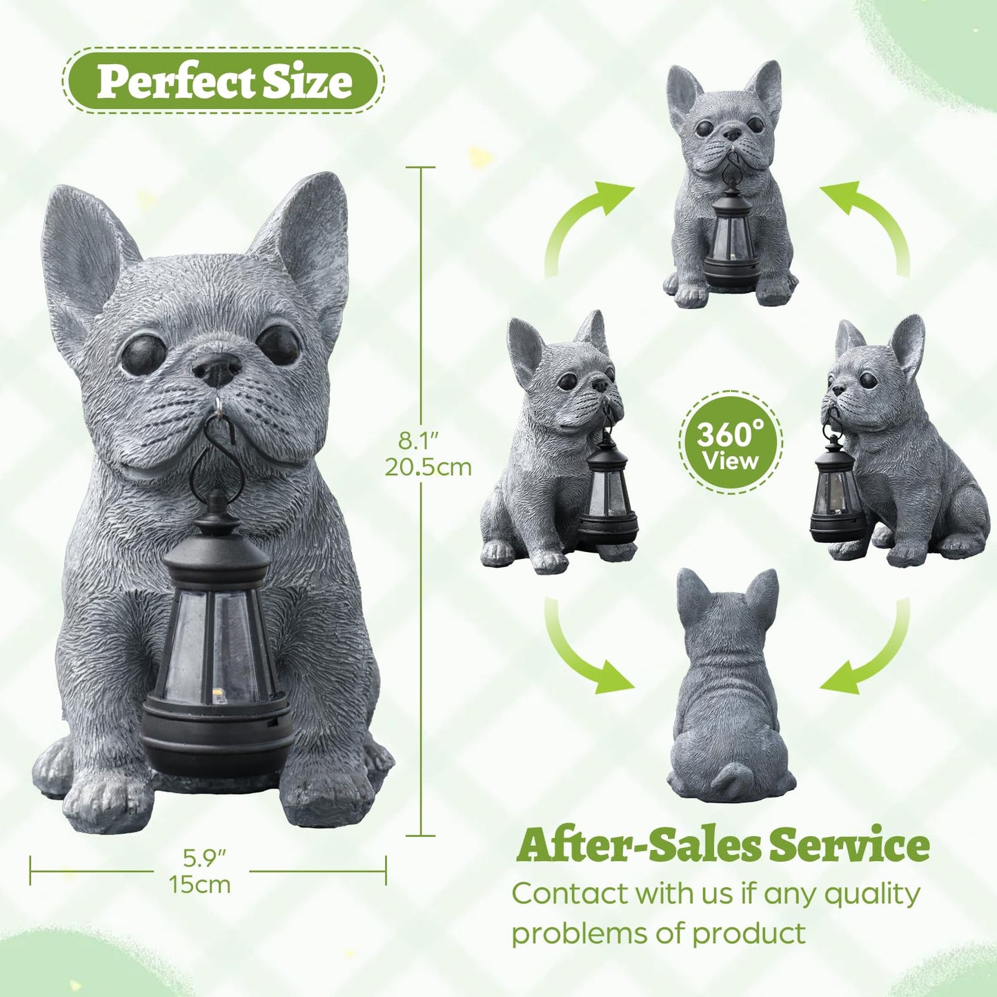 Qwifyu Solar Dog Outdoor Garden Statue with LED Light, Cute Bulldog Lawn Ornament for Patio Yard Balcony, Unique Housewarming Birthday Gift for Dog