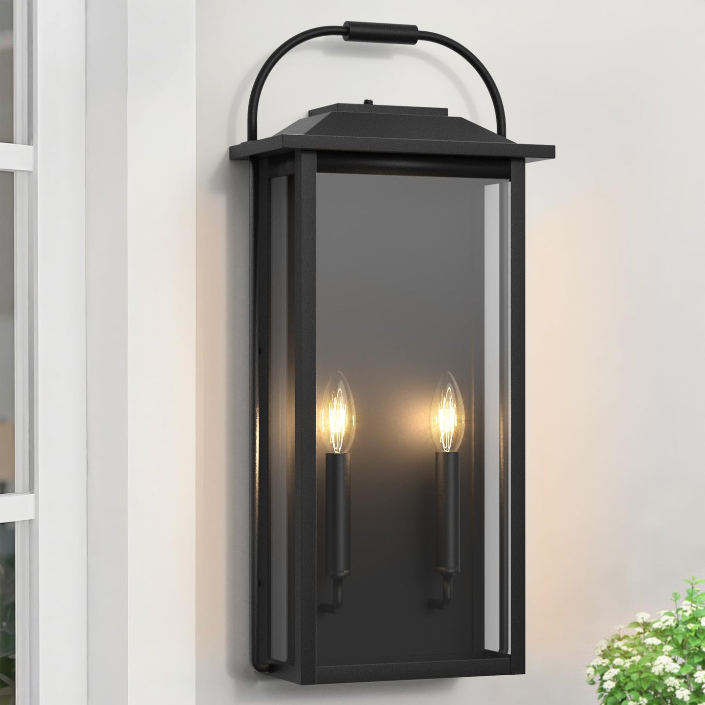 Lawyettle Large Size Dusk to Dawn Outdoor Wall Light, 24 Inch Exterior Wall Sconce 2-Light, Modern Matte Black Outdoor Wall Lantern, Waterproof