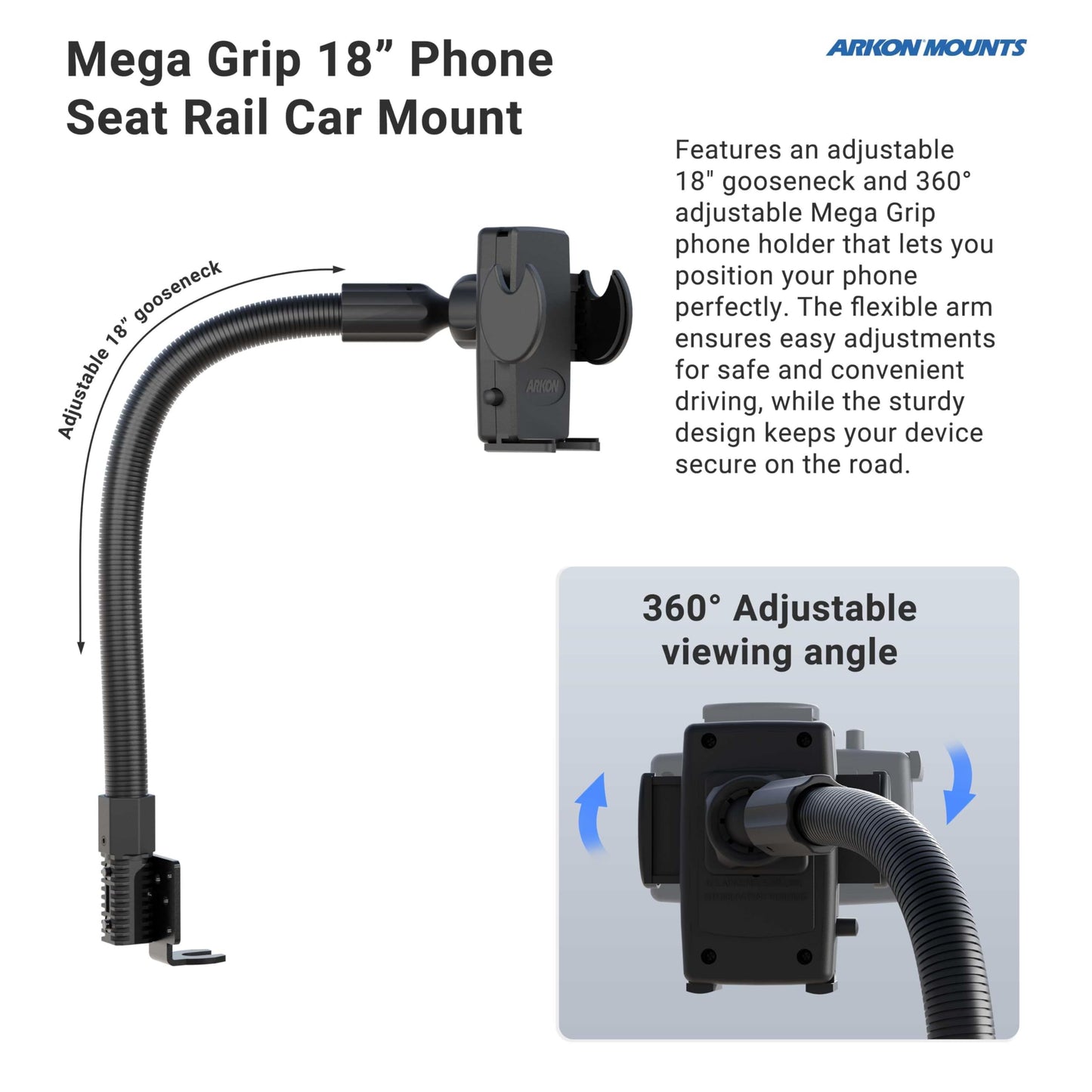 Arkon Mount Car or Truck Seat Rail/Floor Phone Mount | Universal Compatible | Flexible Gooseneck | Easy Installation | Truck Phone Mount | Phone