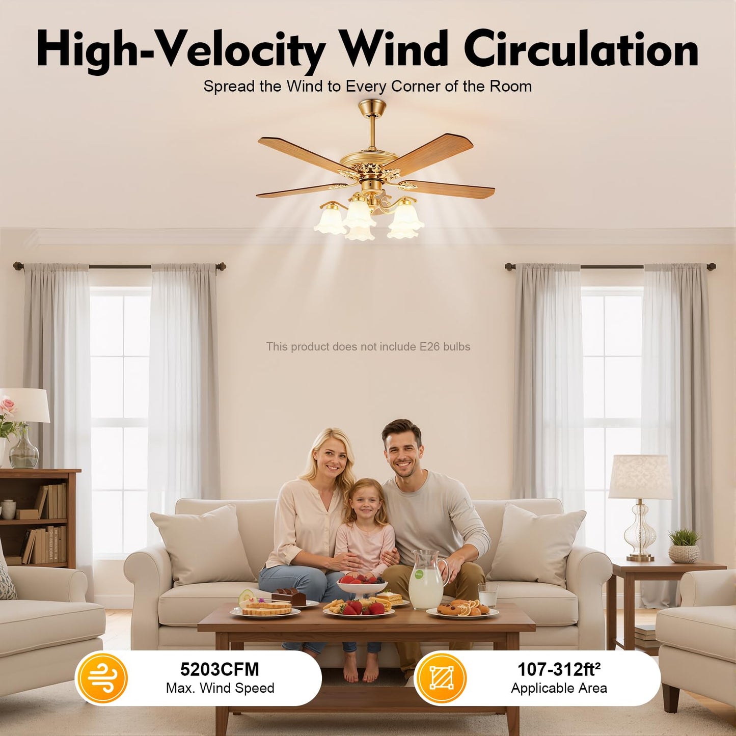 SanBouSi 52 Inch Chandelier Ceiling Fan 5 Reversible Blades with 5 Flower Glass Light, Modern Golden Style LED Fan Chandelier Indoor Home Decor