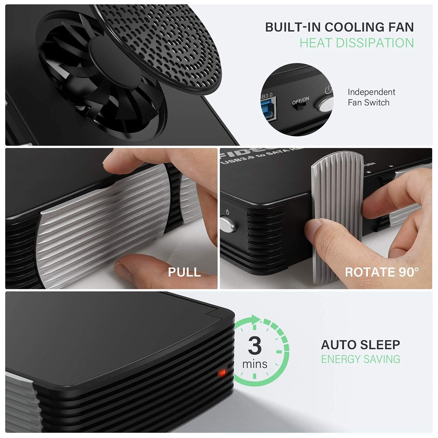 FIDECO 3.5" Hard Drive Enclosure, USB 3.0 to SATA Aluminium External Hard HDD Case with Built-in Cooling Fan Support UASP and 10TB Drives for 3.5/2.5