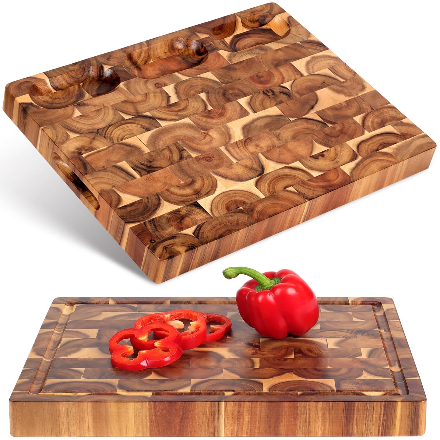 Acacia End Grain Cutting Board (17x13x1.5in), Butcher Block - Reversible Multipurpose Chopping Board with Juice Groove, Cracker Holder & Inner Handles
