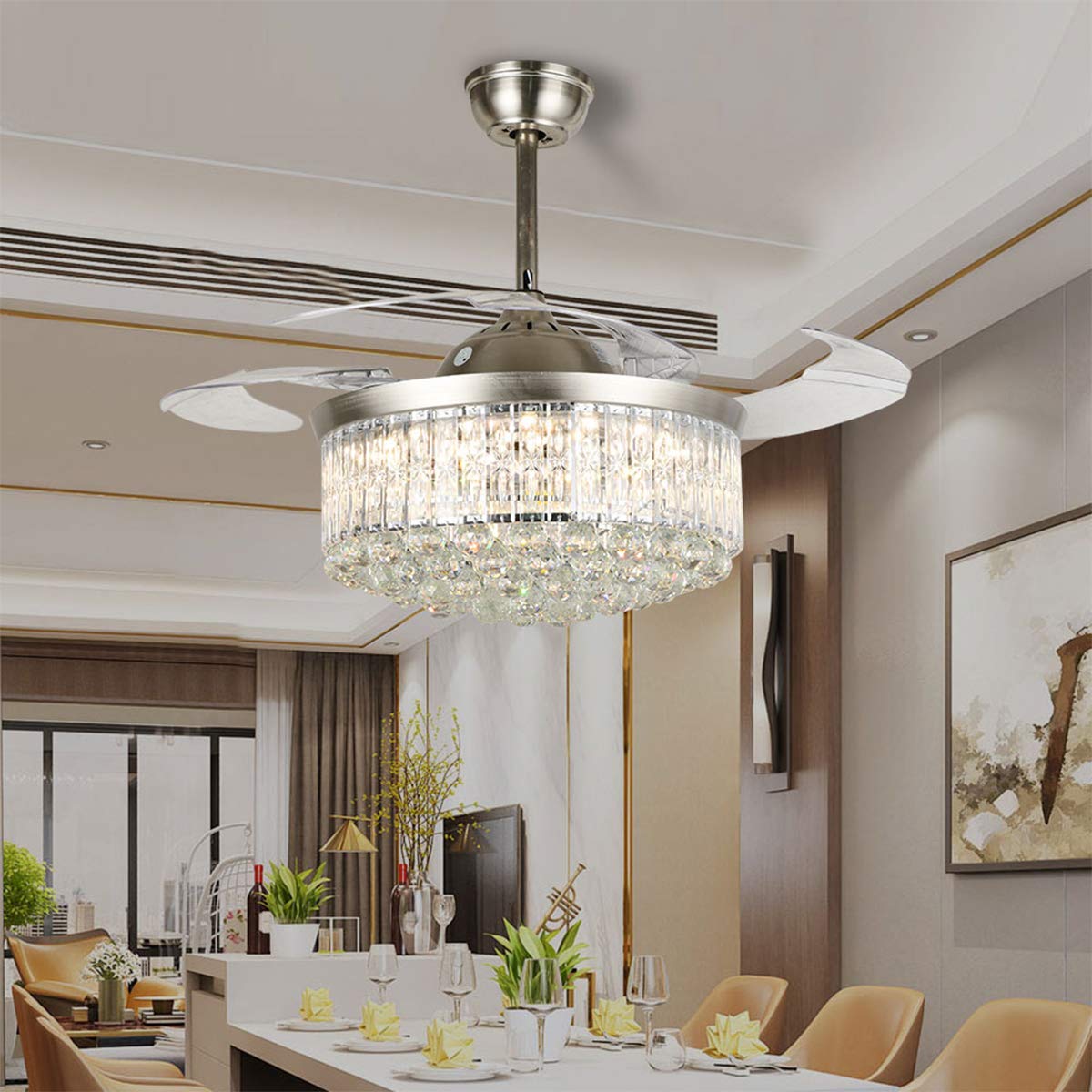 Cretifity Crystal Chandelier Fan with Light, 42" Modern Fandelier Ceiling Fan with Retractable Blades and Remote Control, 3 Speed and Light Adjustable
