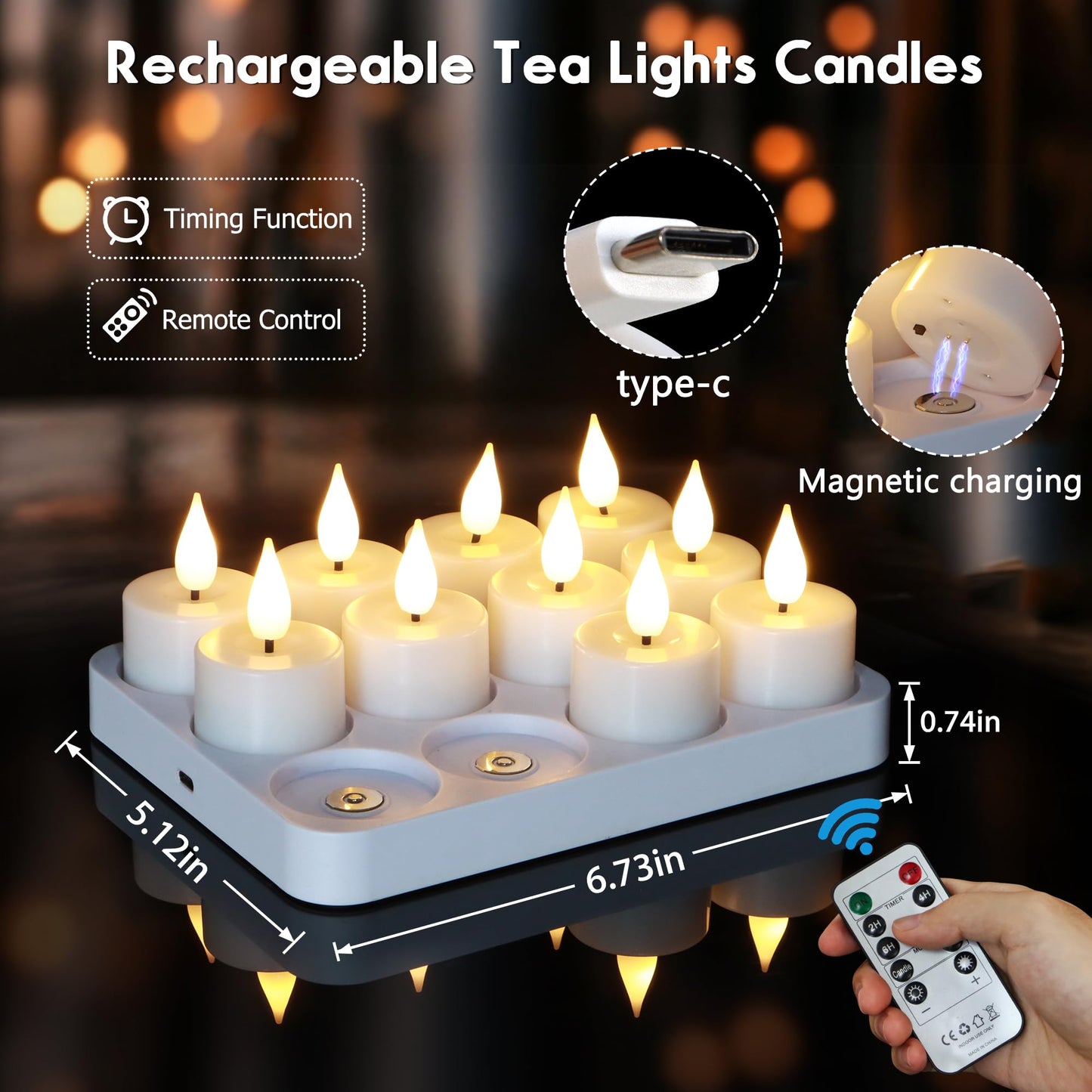 FREEPOWER Rechargeable Flameless Tea Lights with Charging Base & Remote Timer, 12 Pack USB Rechargeable Tealights Candles Battery Operated, Flickering