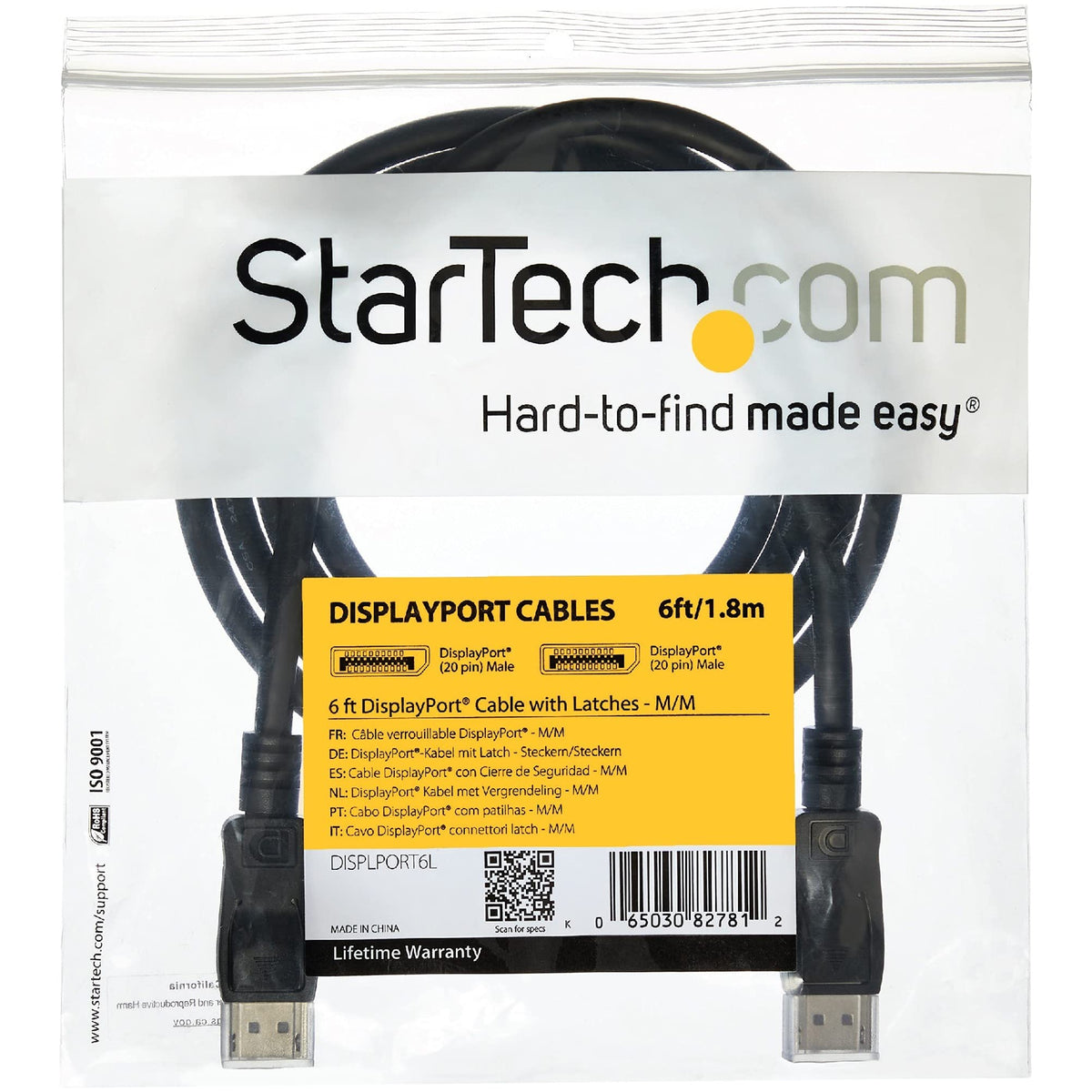 StarTech 6ft DisplayPort 1.2 Cable, 4K 60Hz, VESA Certified (DISPLPORT6L)