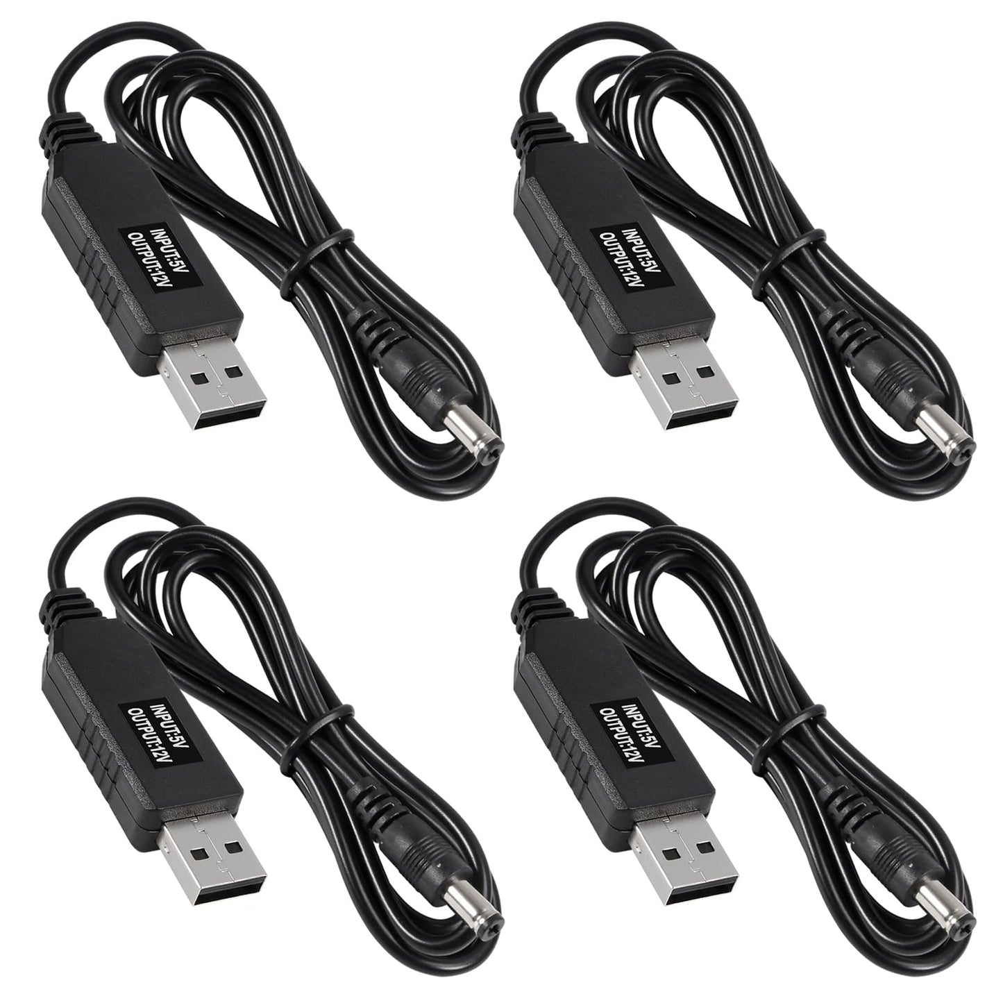 AITRIP 4pcs DC 5V to DC 12V USB Voltage Step Up Converter Cable Power Supply USB Cable with 5.5x2.1mm DC Connect Male 1M for WiFi Router Mini Fan