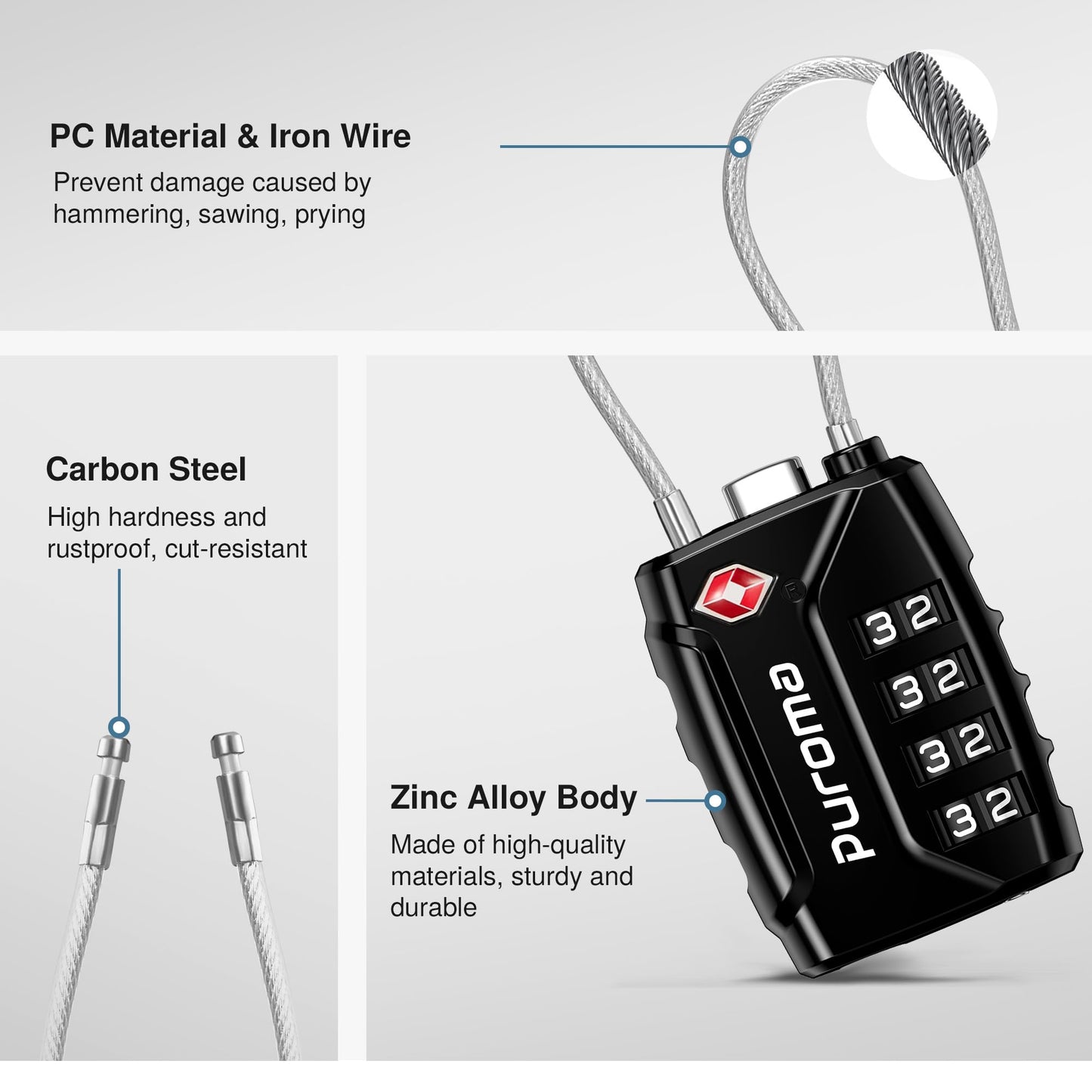 Puroma 2 Pack TSA Luggage Locks – 4-Digit Combination, Resettable Code Lock for Suitcases, Backpacks, Gym & Travel Bags
