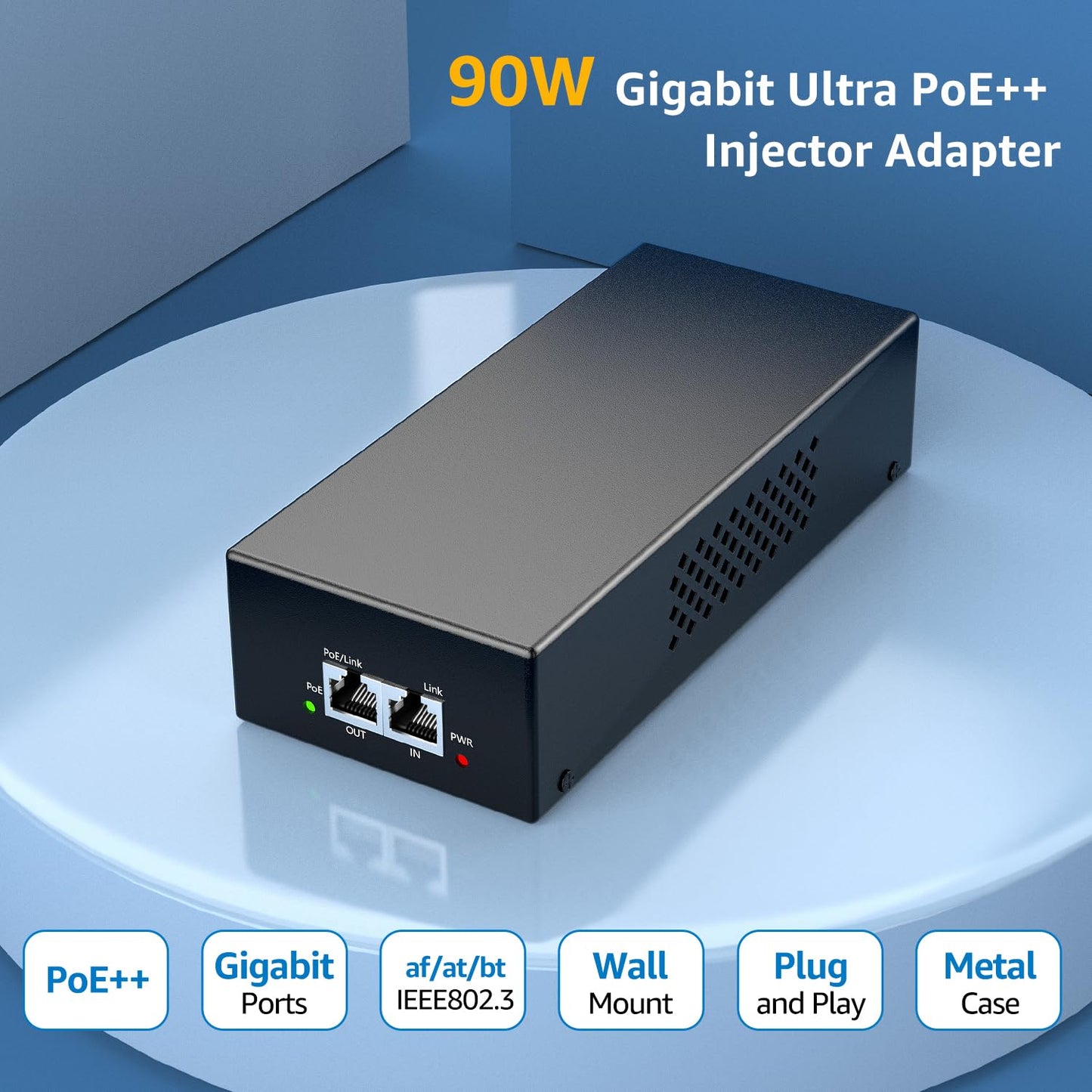 YuanLey Gigabit PoE Injector 90W, 10/100/1000Mbps PoE++ Injector Adapter, IEEE 802.3bt/at/af, Up to 325 Feet, Metal Case Desktop/Wall-Mount, Plug