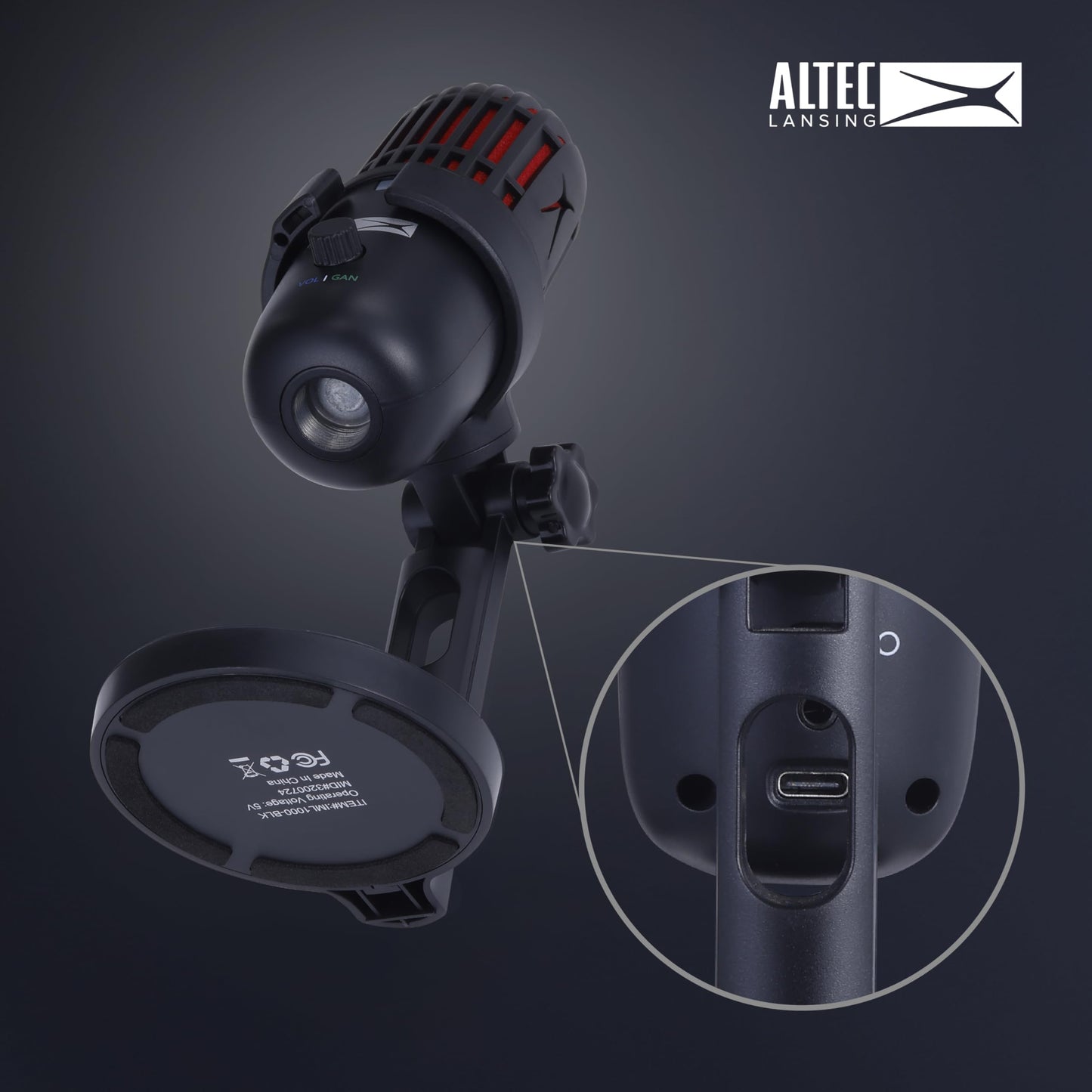 Altec Lansing Studio MIC 1, Dual Pattern 24/96 USB-C Podcast Microphone with Zero Latency Monitoring, Streaming & Recording Microphone with Table