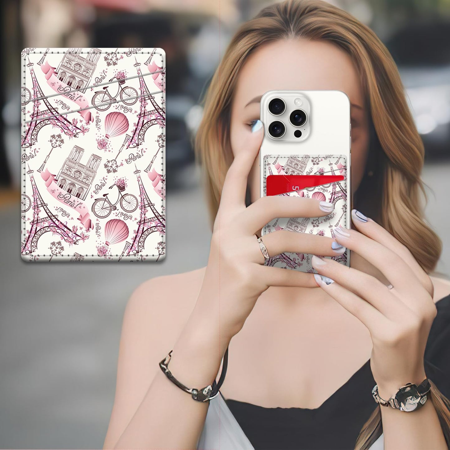 AFPRNK Phone Card Holder, Dual Pocket Leather Wallet Adhesive Stick On, Cute Credit Card Holder for Smartphones Case Compatible with Most Phone?Tower?