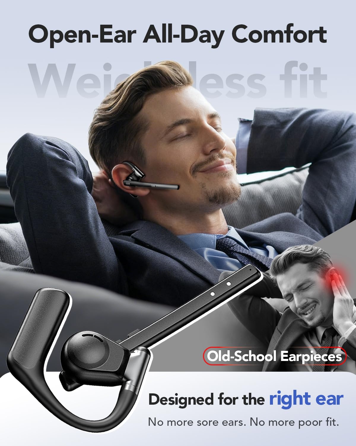 Bluetooth Headset V6.0, Open Ear Wireless Earpiece with Noise Canceling Mic, 96H Talking Time with the 950 mAh Charging Case for iOS Android Laptop